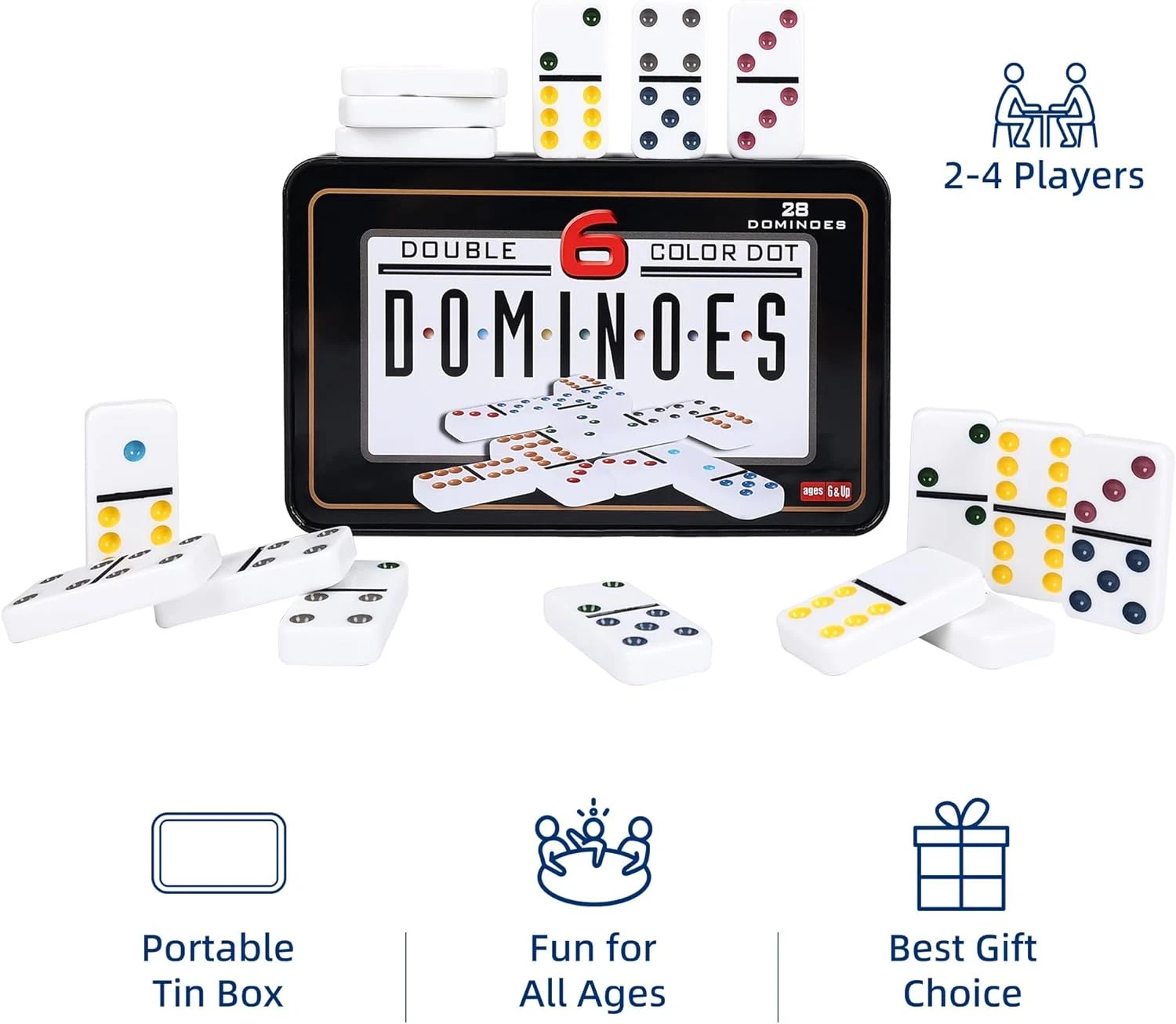 Double Six Dominoes Set for Adults, Classic Domino Game with Tin Box – 28 Tiles