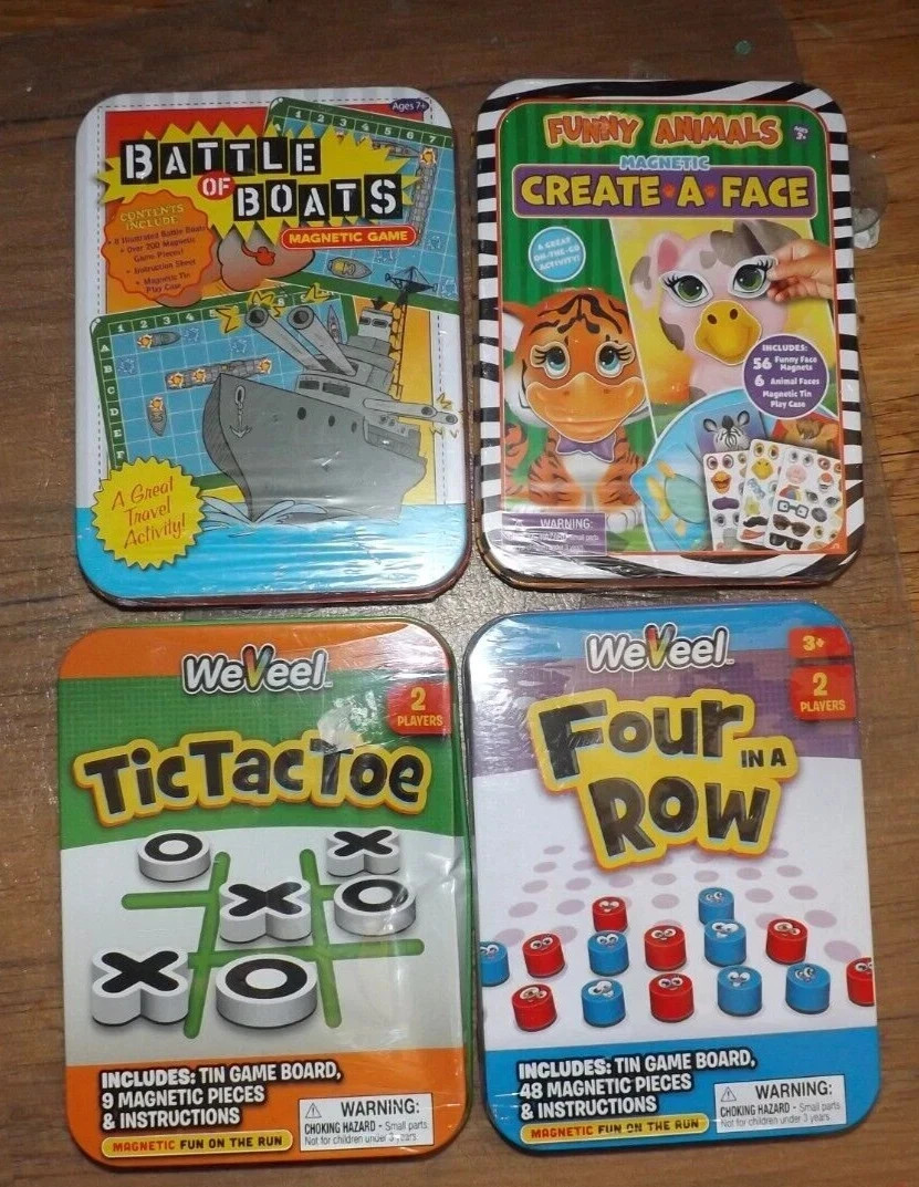 4 NEW magnetic travel games tin sets funny animal faces tic tac toe & MORE