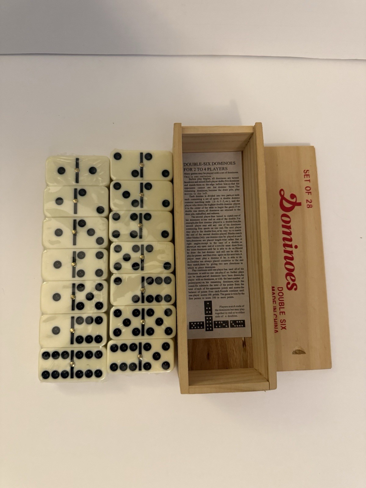Premium Set of 28 Double Six Dominoes with Wood Case, Brown, 28 Piece.