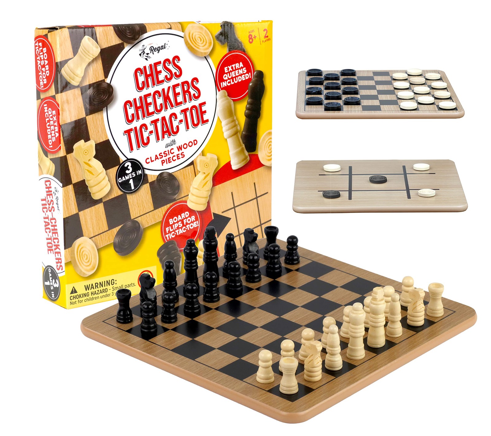 Reversible Wooden Chess Checkers Tic Tac Toe Board Game Set Family Fun