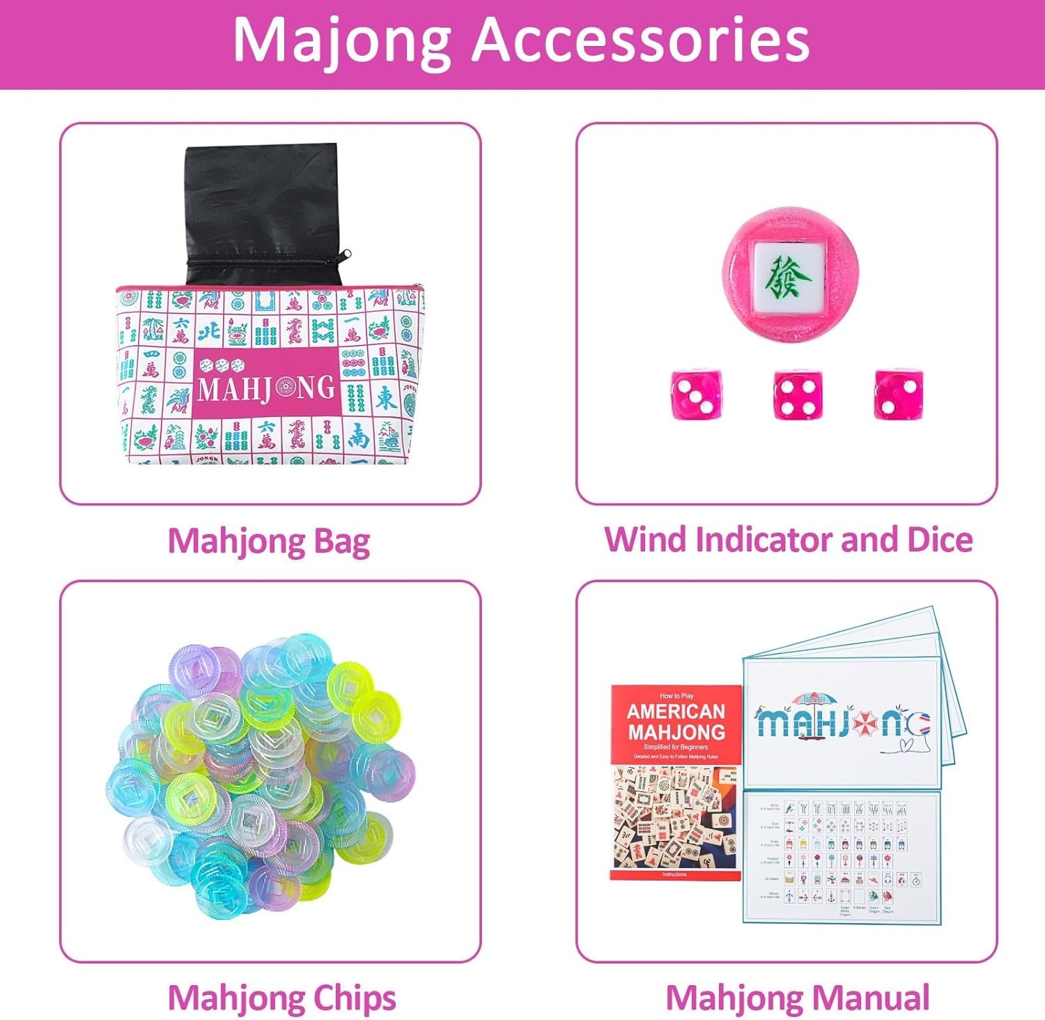 160 Pink Engraved American Mahjong Game Set with Carrying Bag and Accessories, 1