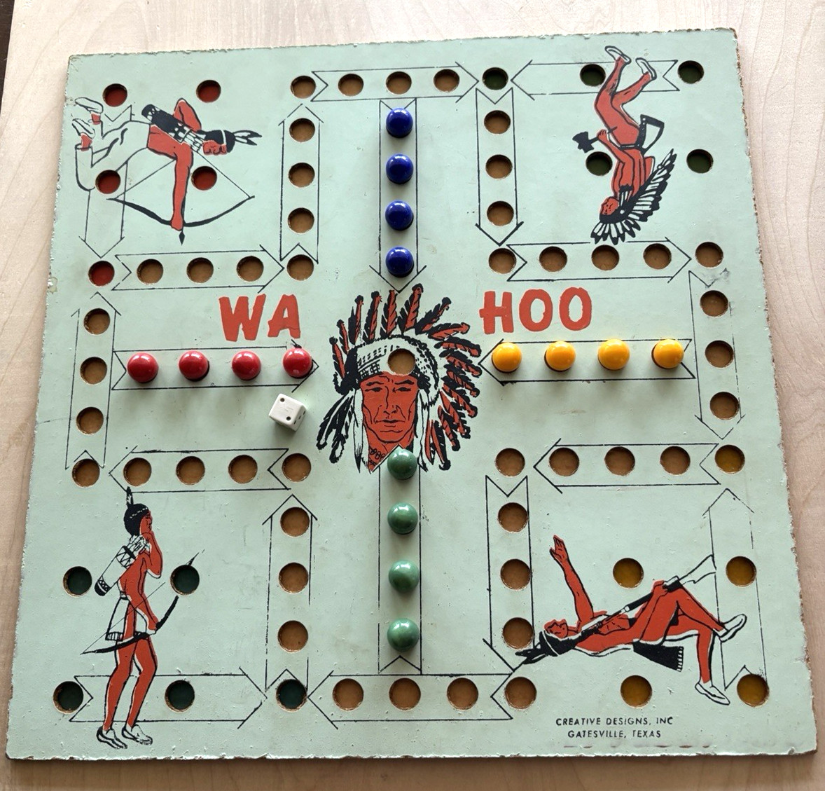 Early Vintage Wa Hoo Game Board Gatesville TX Original Marbles & Instructions