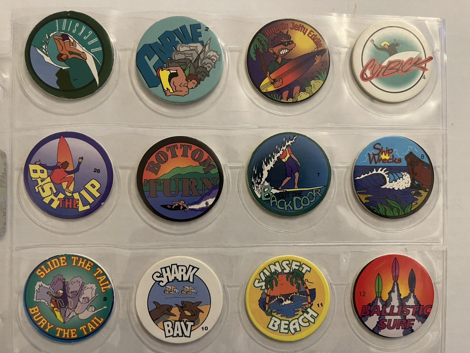 Vintage 90s Pog Milk Caps Lot of 28 SURF THEME Collectible Game + 2 Pages