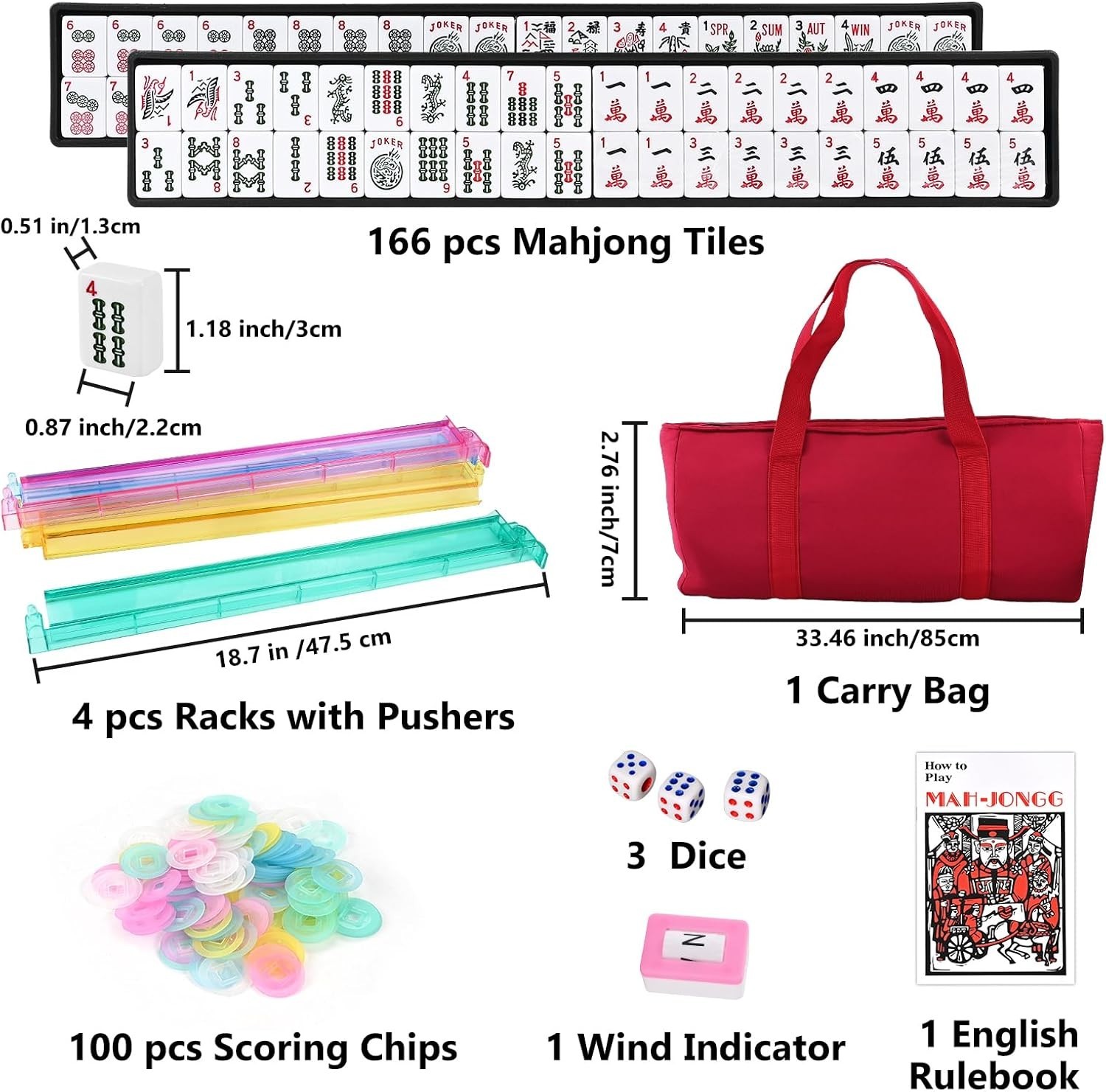 American Mahjong Set 166 White Tiles 4 Racks Pushers Red Carry Bag