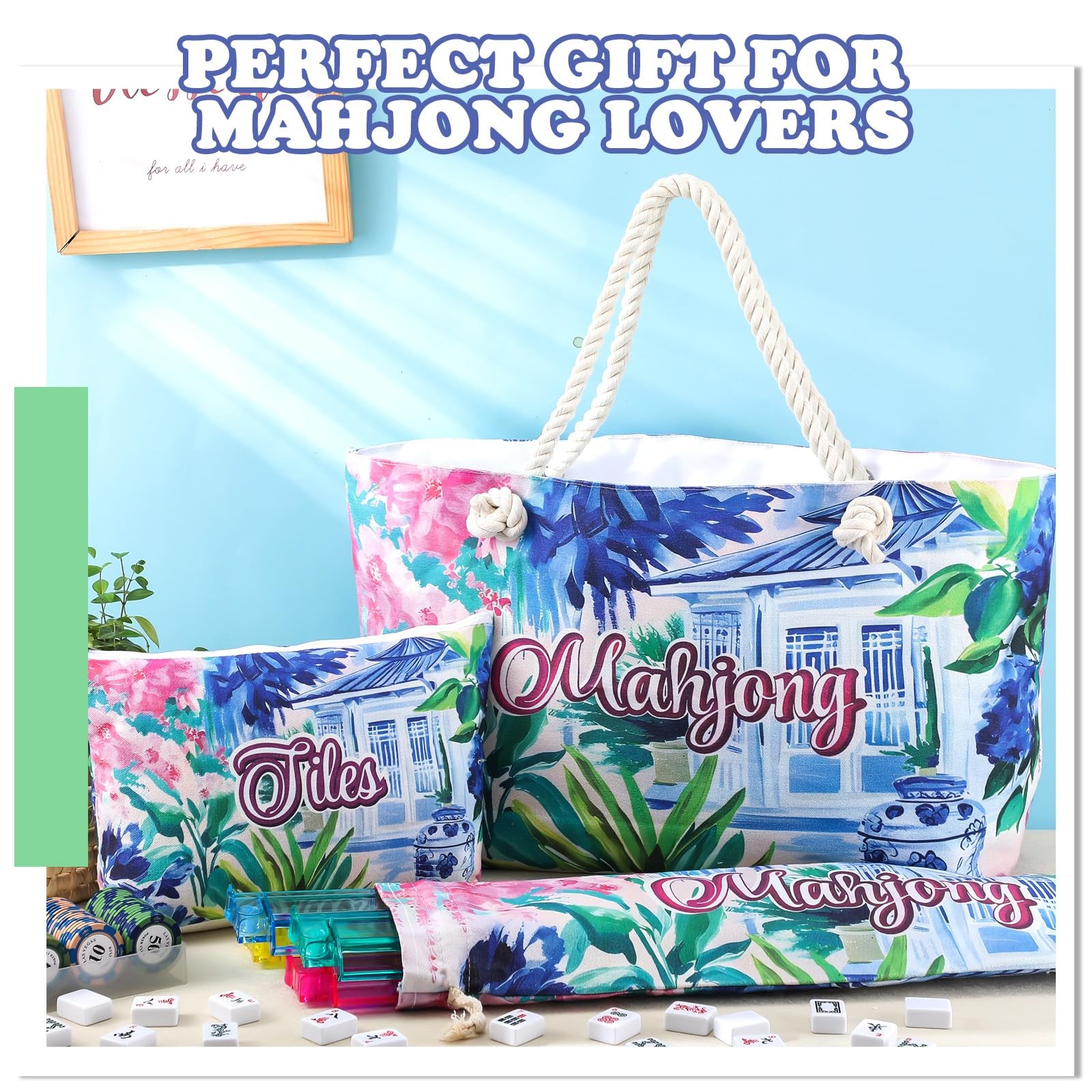 Sunnymove Empty Mahjong Bags Set for 24.0 x 13.0 x 4.7 inches, Blue and White
