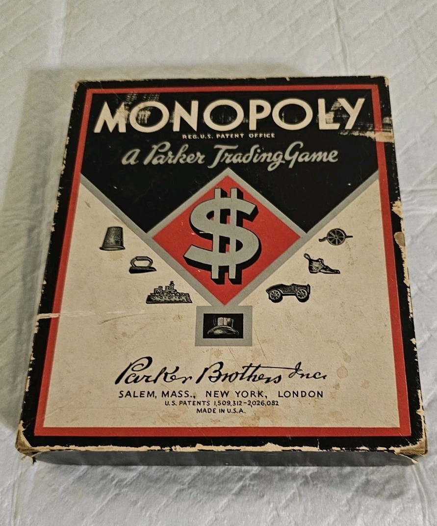 Vintage 1935 Monopoly Parker Brothers Black Box Missing Pieces, No Board