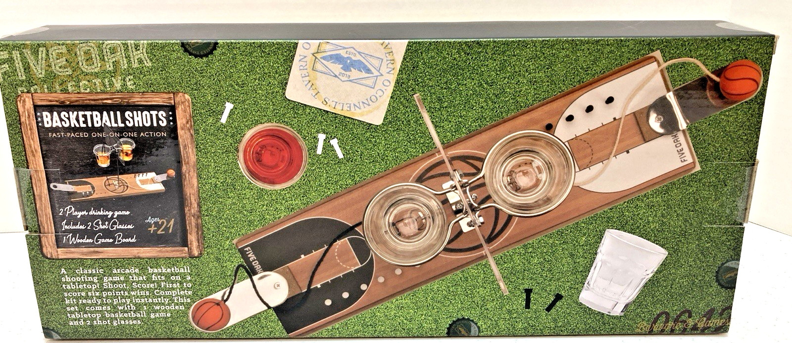 Five Oak Collective Basketball Shots Wooden Game Board With Two Shot Glasses