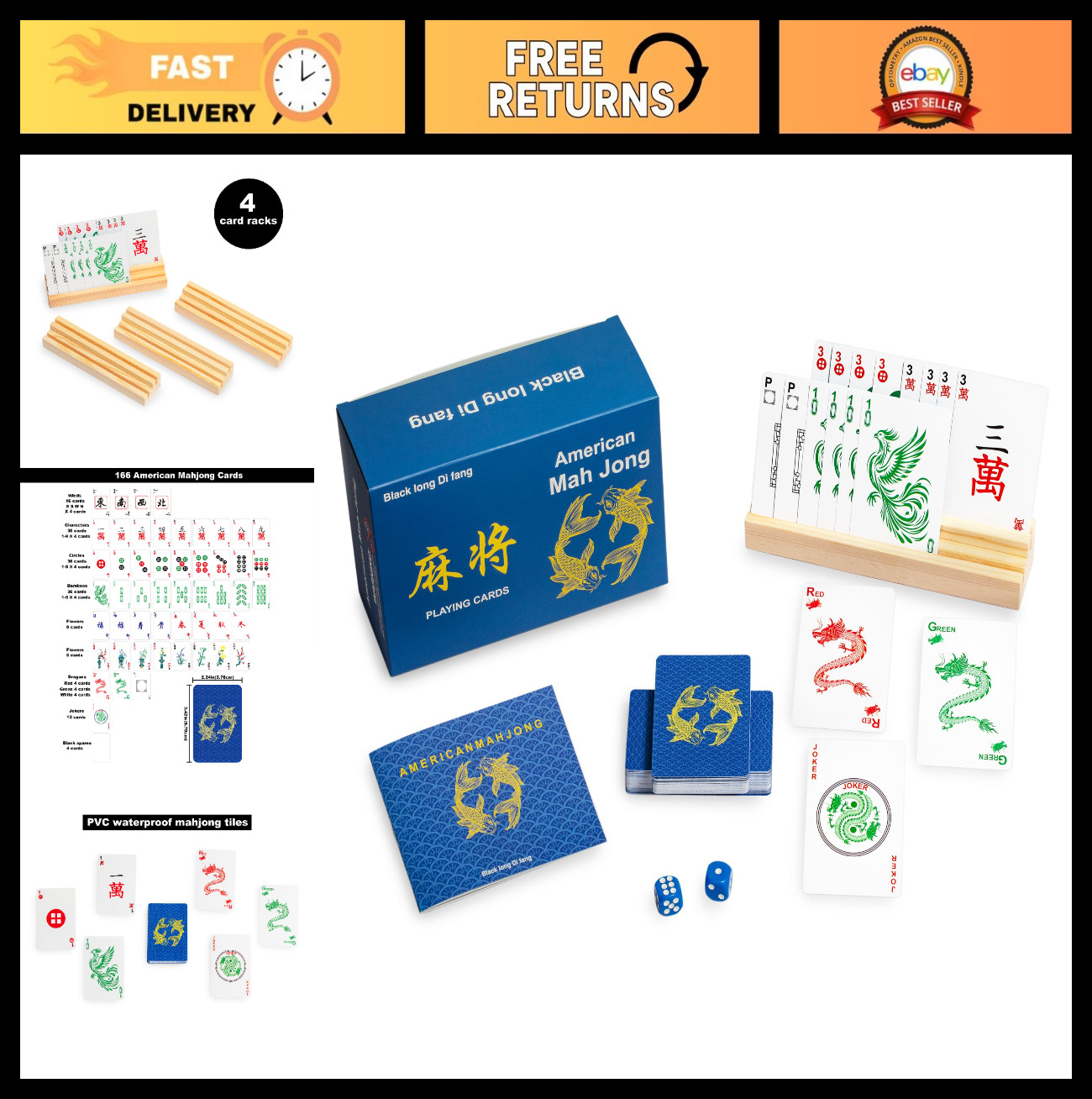 Deluxe American Mahjong Game Set – 166 Cards, Black Long Tiles, Complete Set