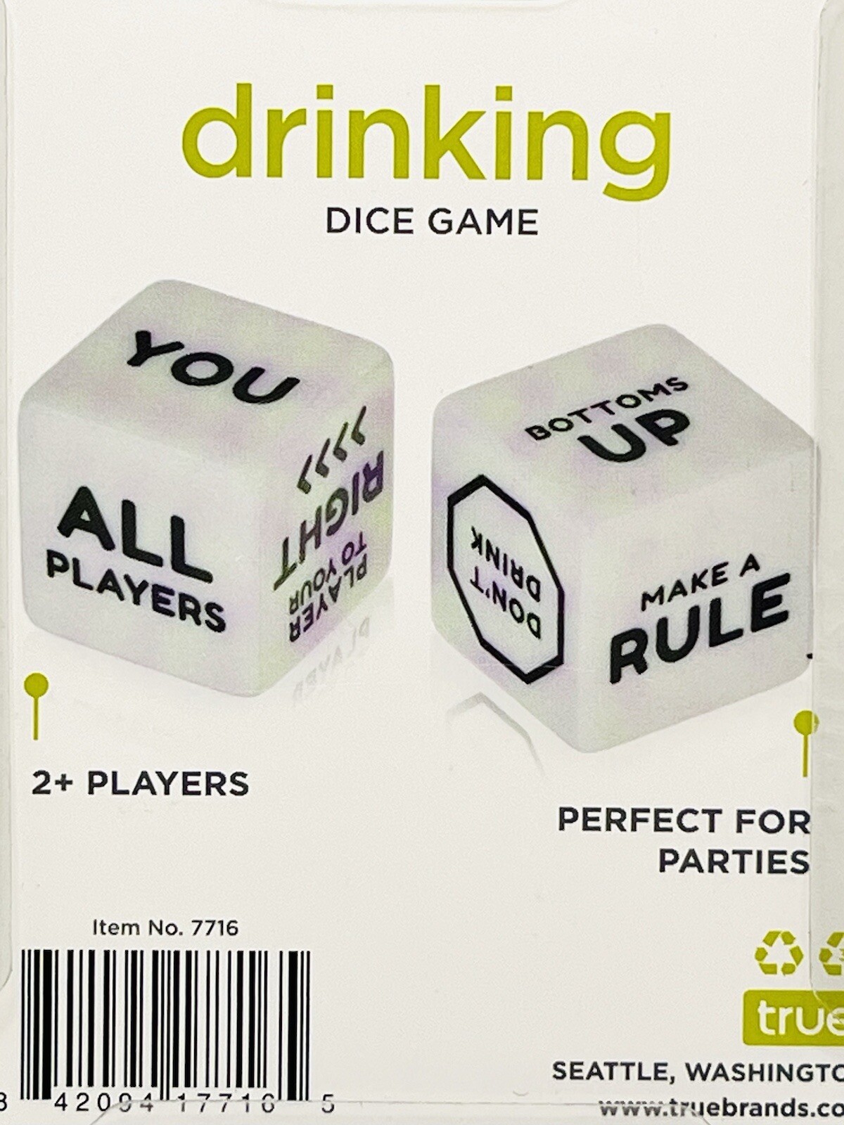 True Drinking Dice Game Set of 2 Word Die, Party Drinking Game 2+ Players NEW