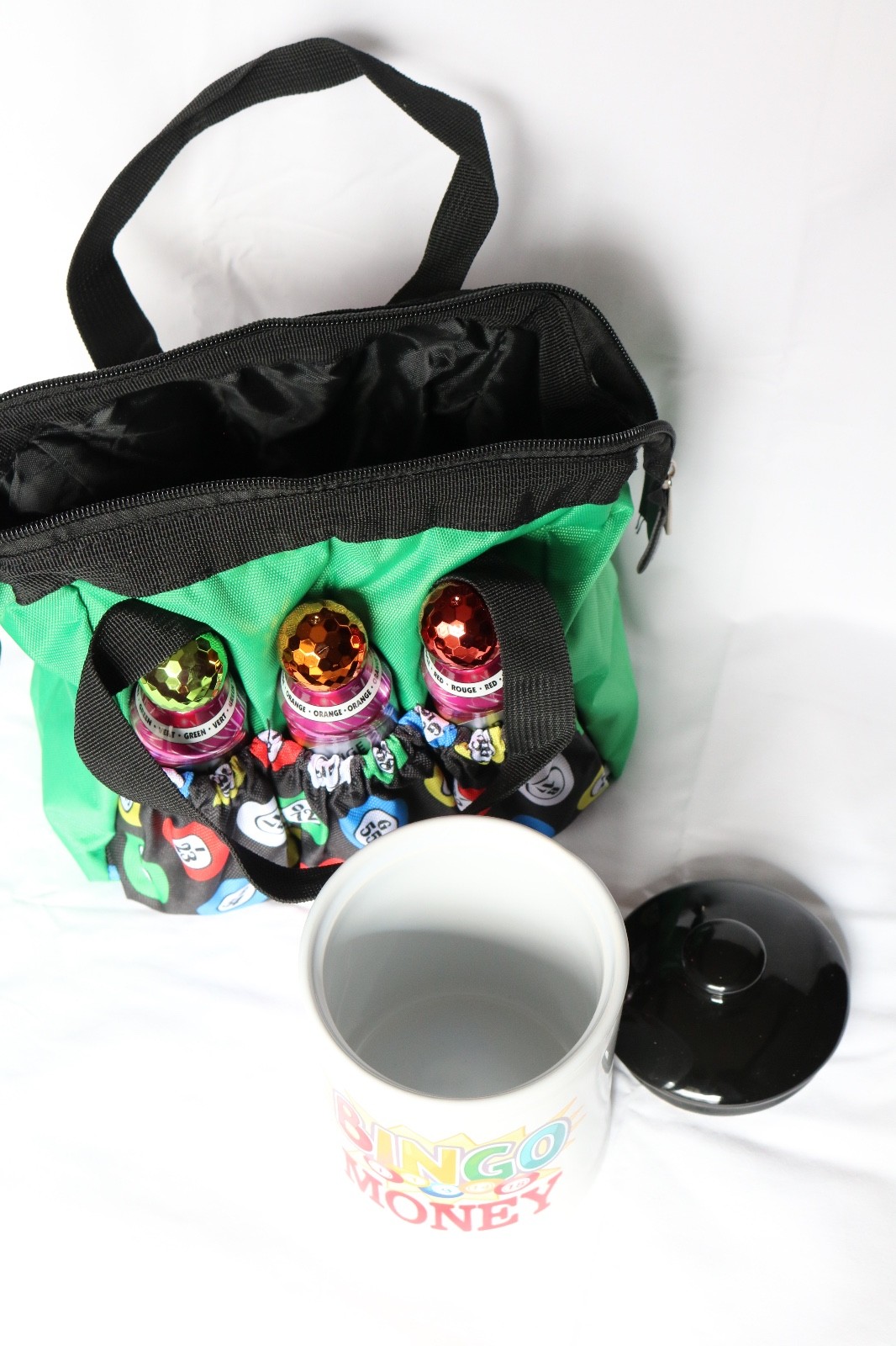 FUN Green Bingo Tote Bag w/Dazzle Daubers (6) & Bingo Money Ceramic Jar NEW
