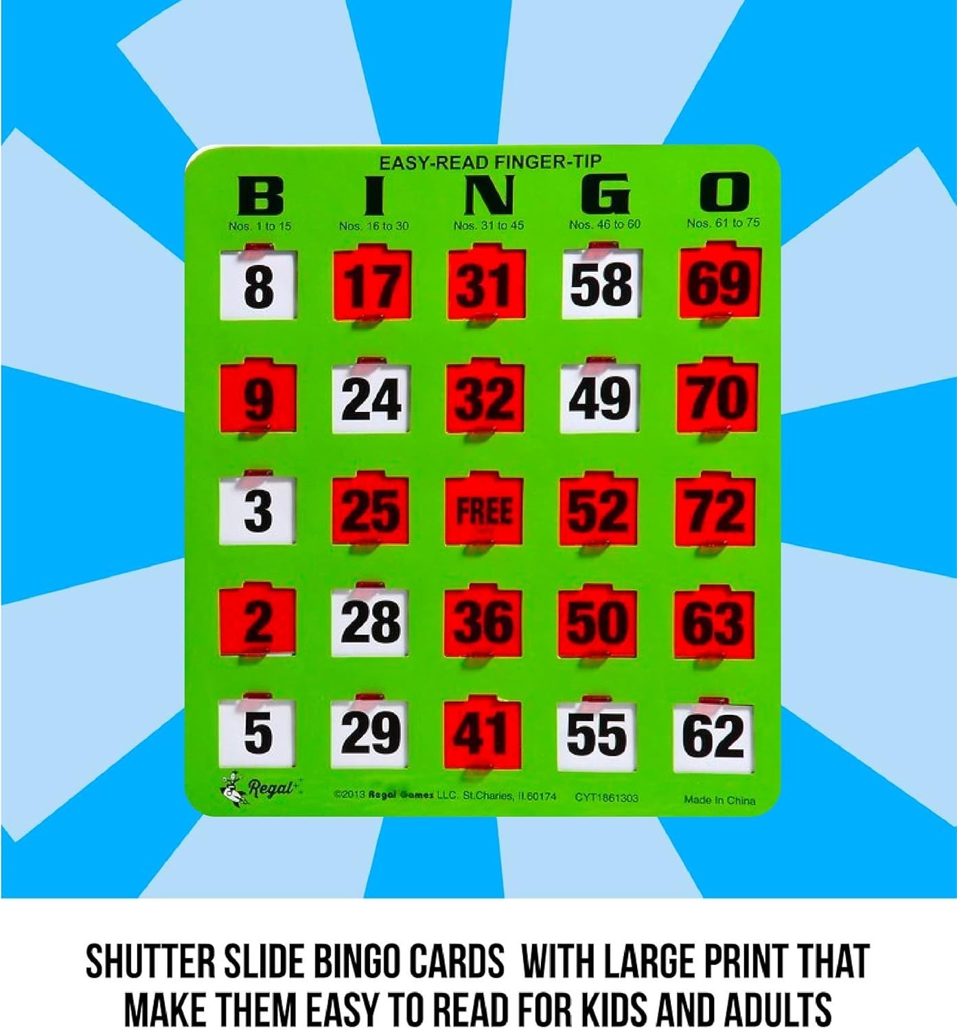 Bingo Cards Set of 10 Unique Shutter Slide Easy Read Green Cardstock 8×9 Inch