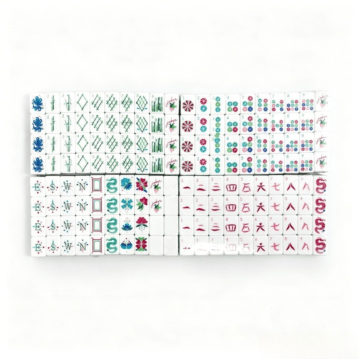 Pink Green White Striped Mahjong Tiles Cute Cartoon Joker Floral Print 160 Set