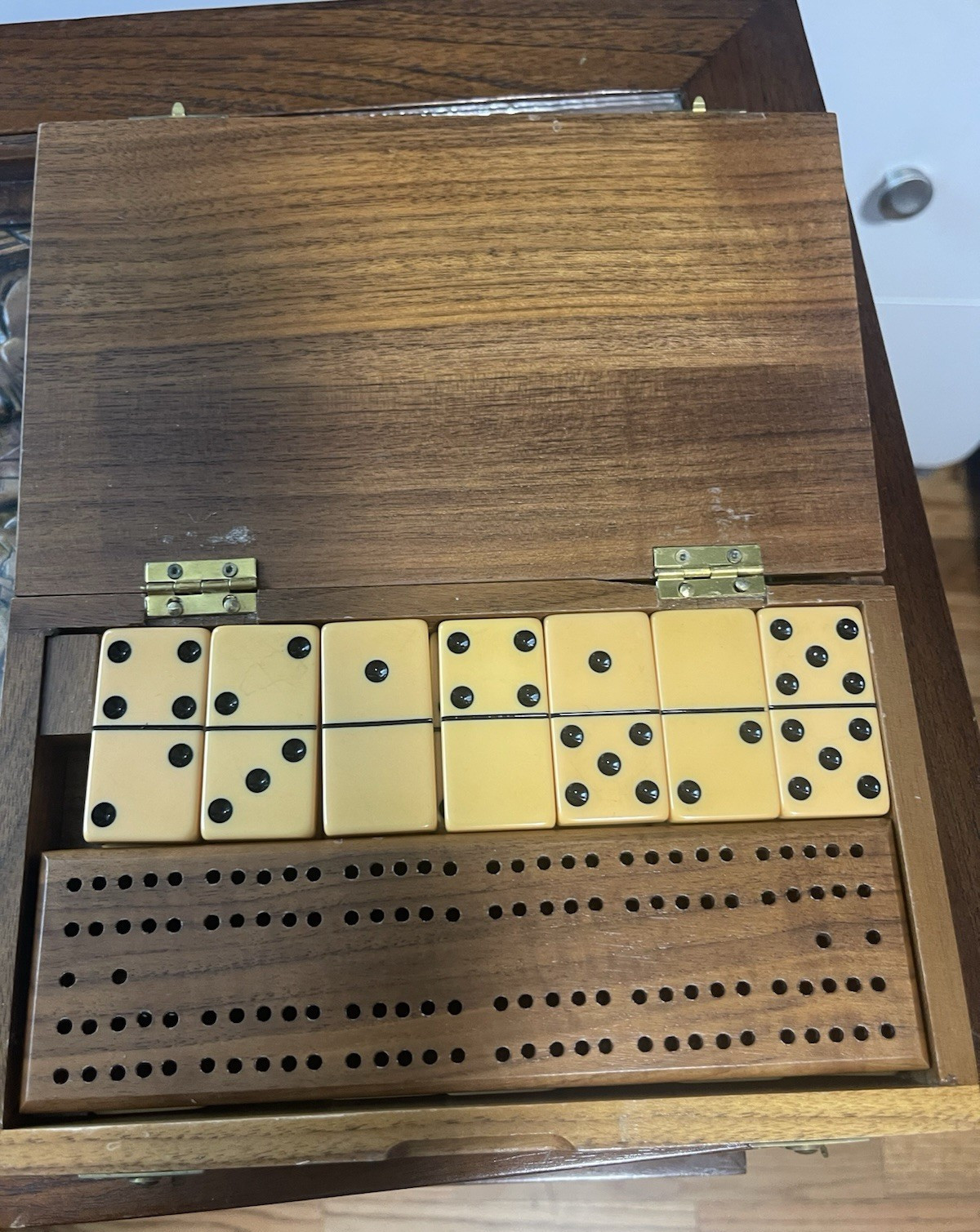 Vintage Drueke Domino Set Walnut Case 1965 Trophy Engraved Complete