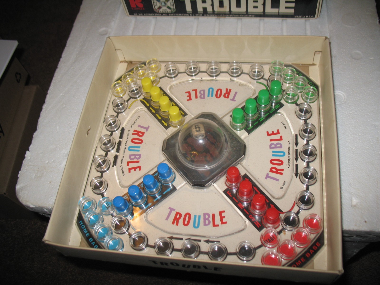 VTG KOHNER BROS BOARD GAME 1965 TROUBLE AGES 8 & UP GOOD USED CONDITION COMPLETE