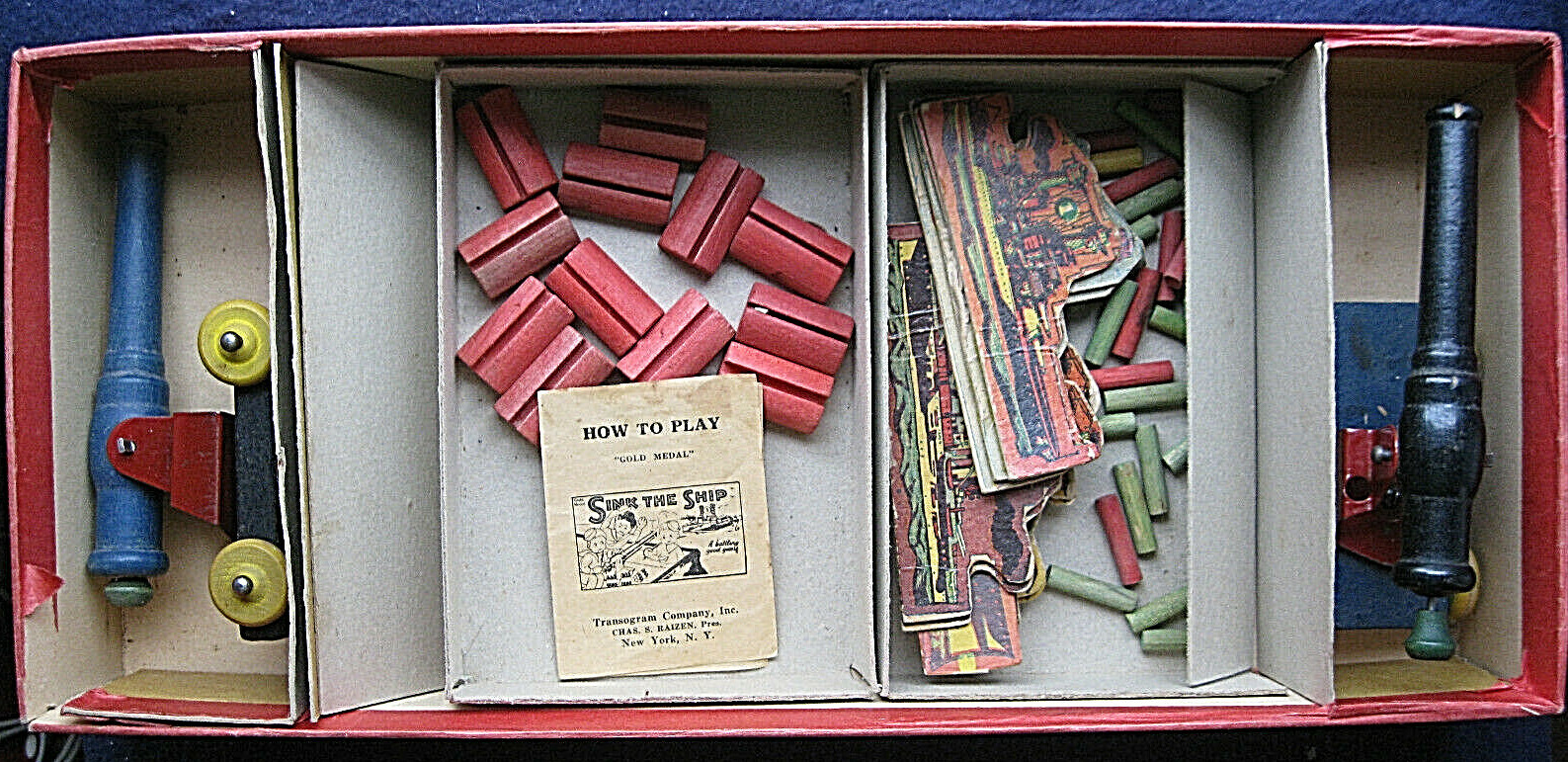 1942 “SINK THE SHIP” Transogram Battle Game w Box, 2 Wooden Cannons +++