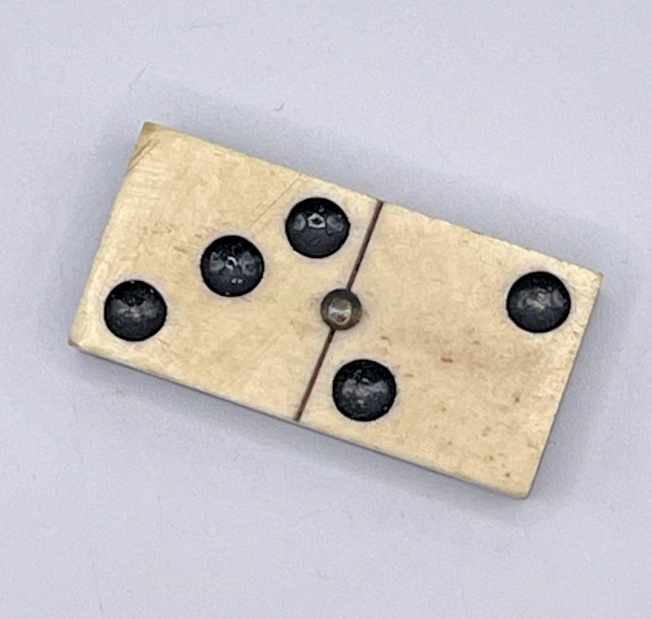 (27) Antique Handmade Bone and Ebony Dominoes Metal Rivet w/ Antique Metal Tin