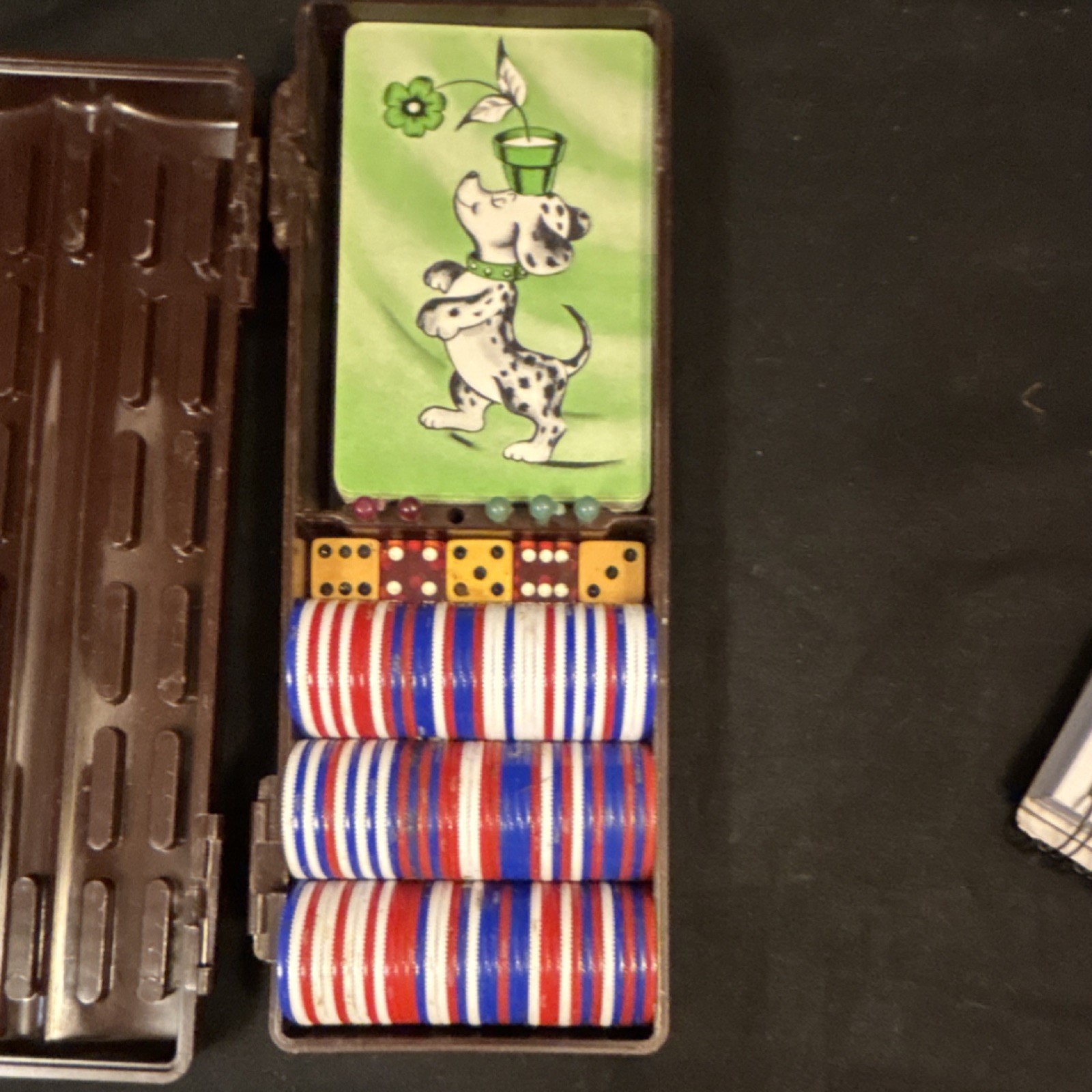 Vintage Poker Set Red White Blue Chips Dice Cards Brown Case cribbage pegs READ