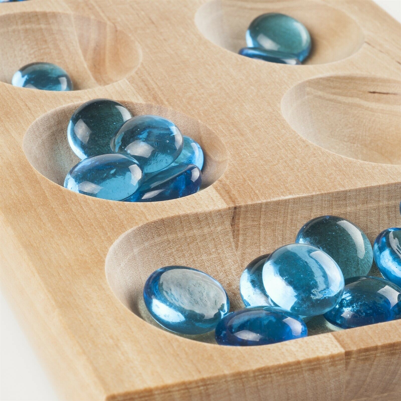 Classic Folding Wooden Mancala Board Game with Blue Stones Family Strategy Game