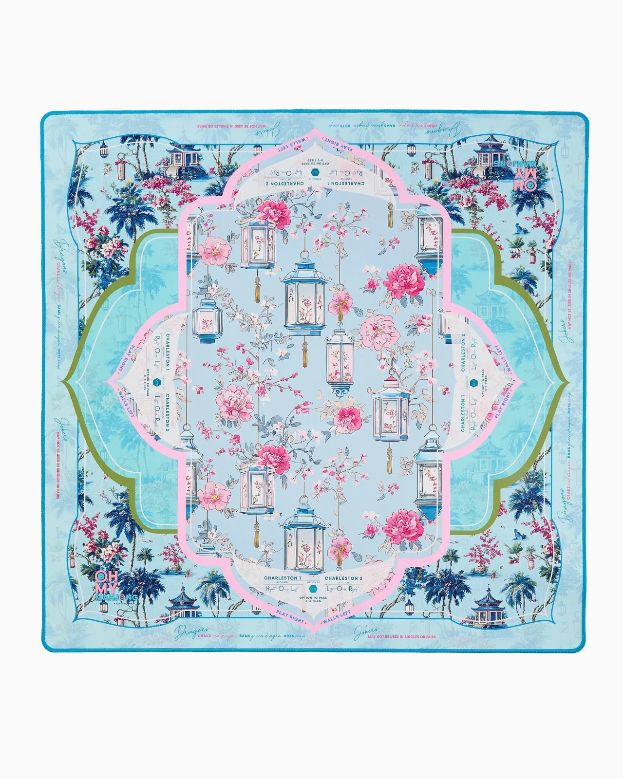 80x80cm Thickened Mahjong Table Mat Blue White Lanterns Rubber Backed Carry Bag