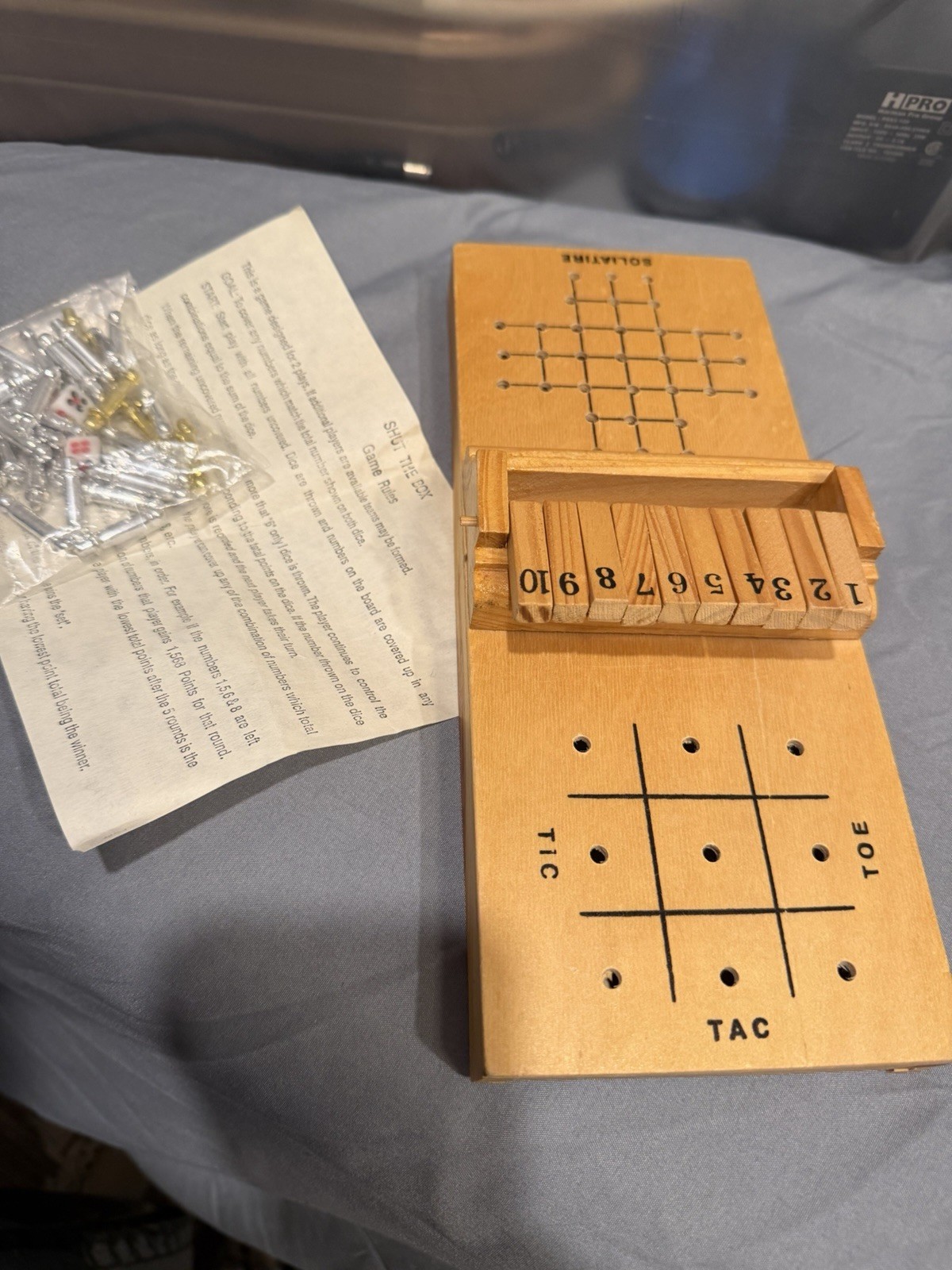 Mini Wood 3 in 1 Game Set, Tic Tac Toe, Peg Solitaire, Shut The Box W/ Storage