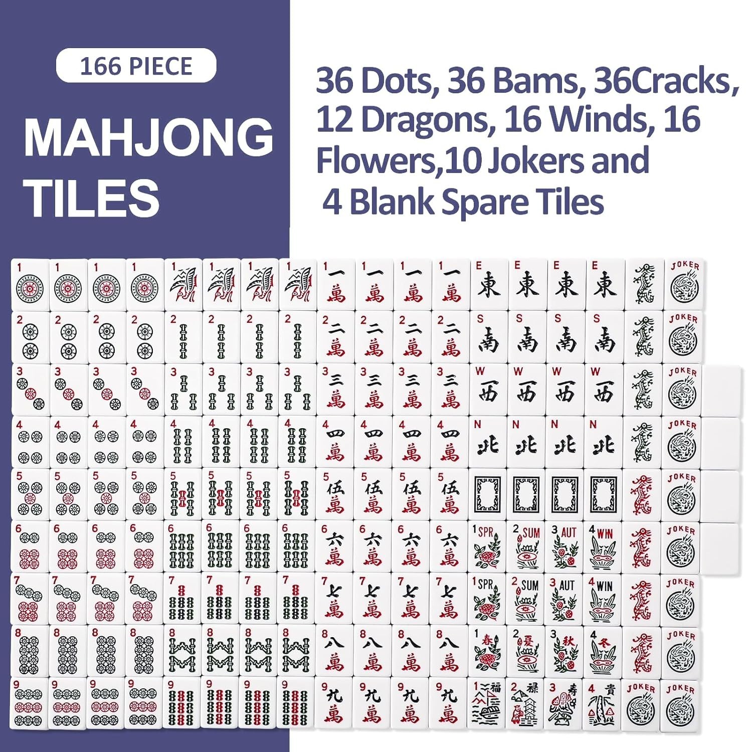 American Mahjong Game Set, 166 White Tiles, Dark Blue Bag with Entire Accessorie