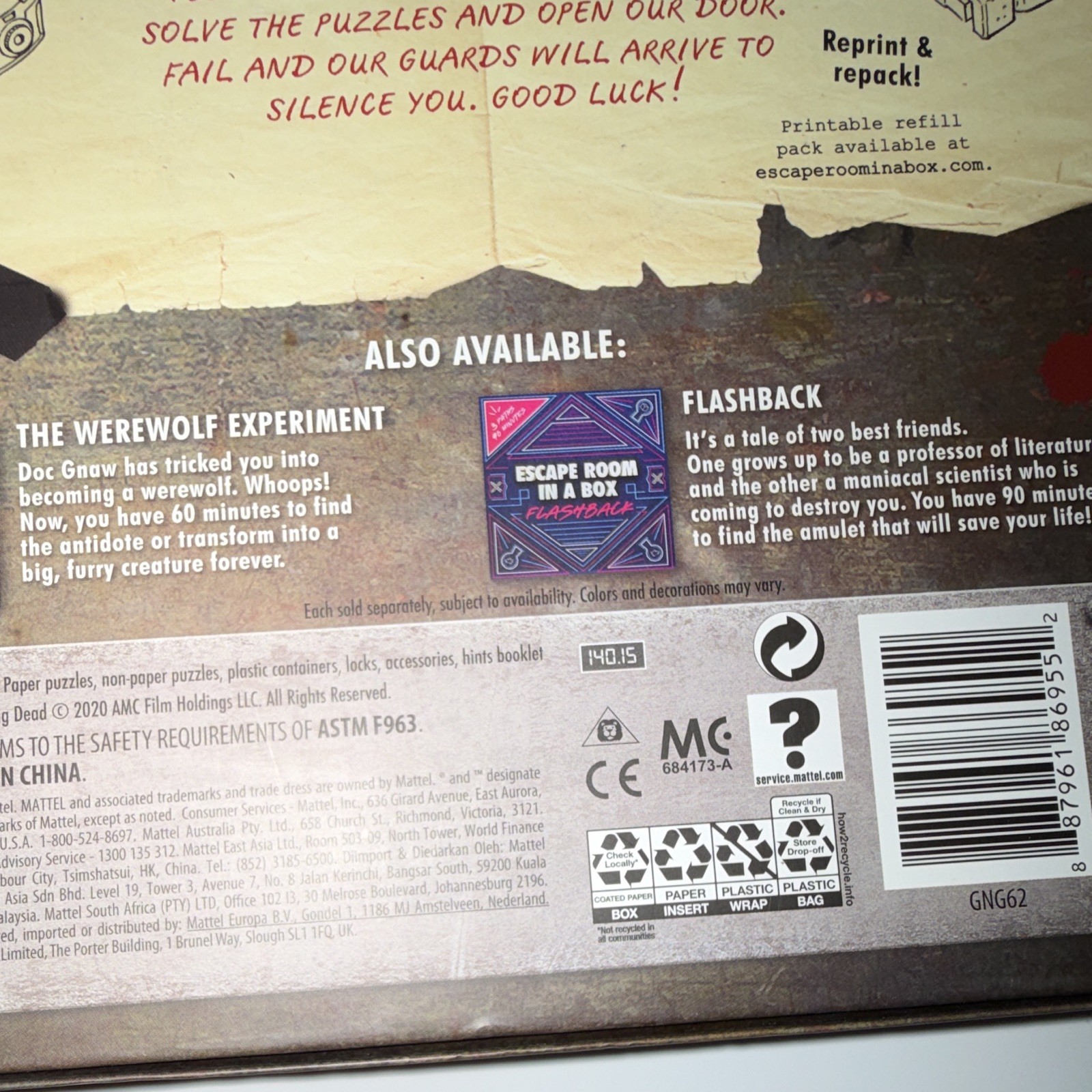 Mattel Escape Room in a Box The Walking Dead AMC 19 escape rm 2+ 13+ GNG62