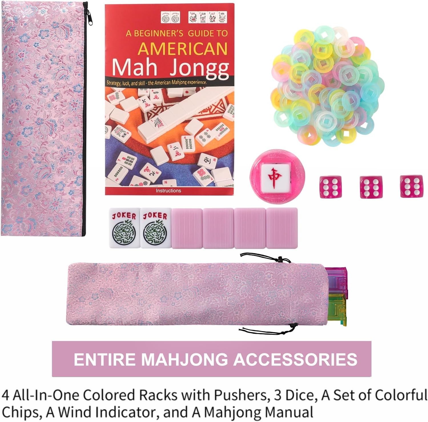American Mahjong Game Set, 166 Pink Tiles, Pink Bag and Entire Accessories, 4 Al