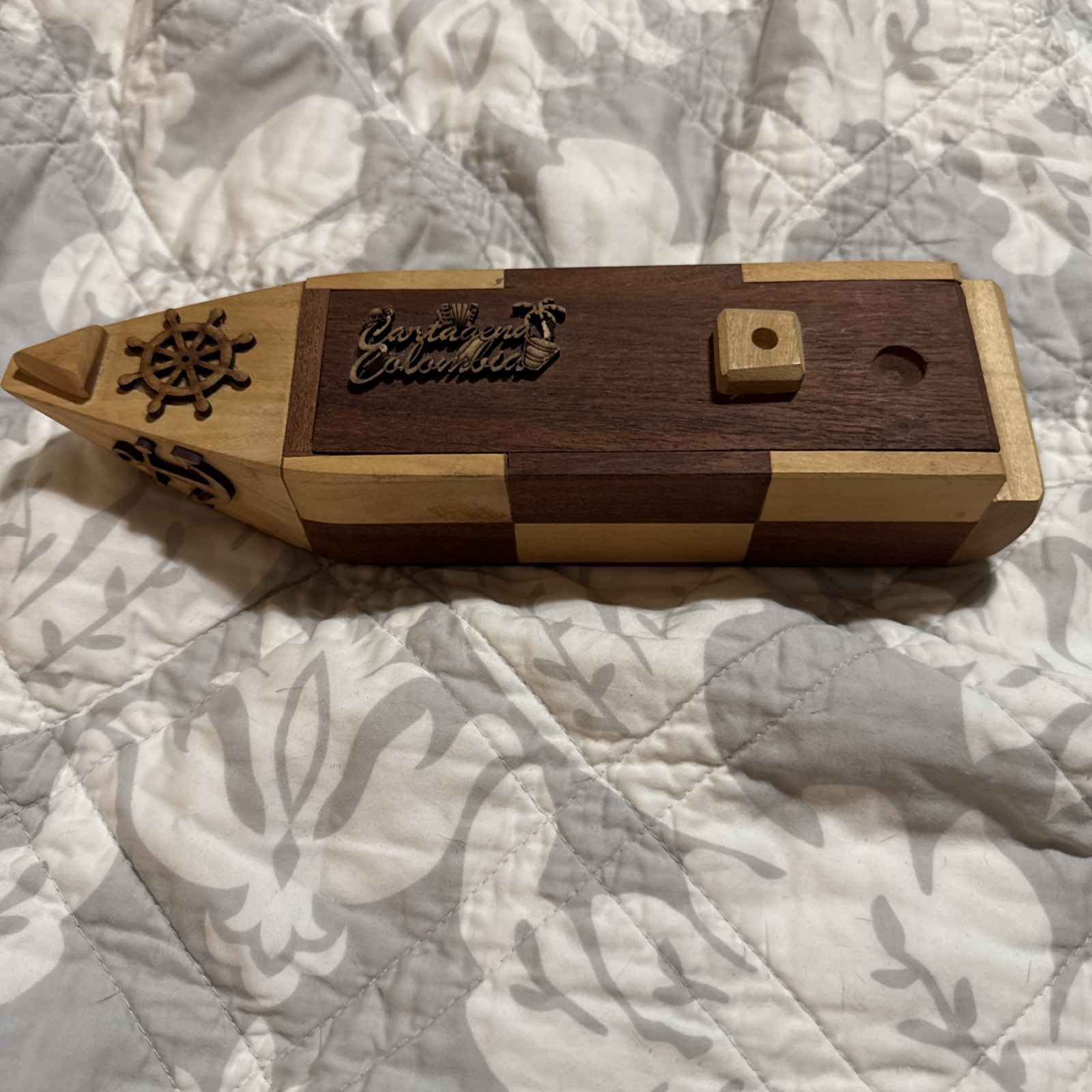 Handcrafted Wooden Dominoes Boat Box Colombia 15 Domino’s Missing Sail