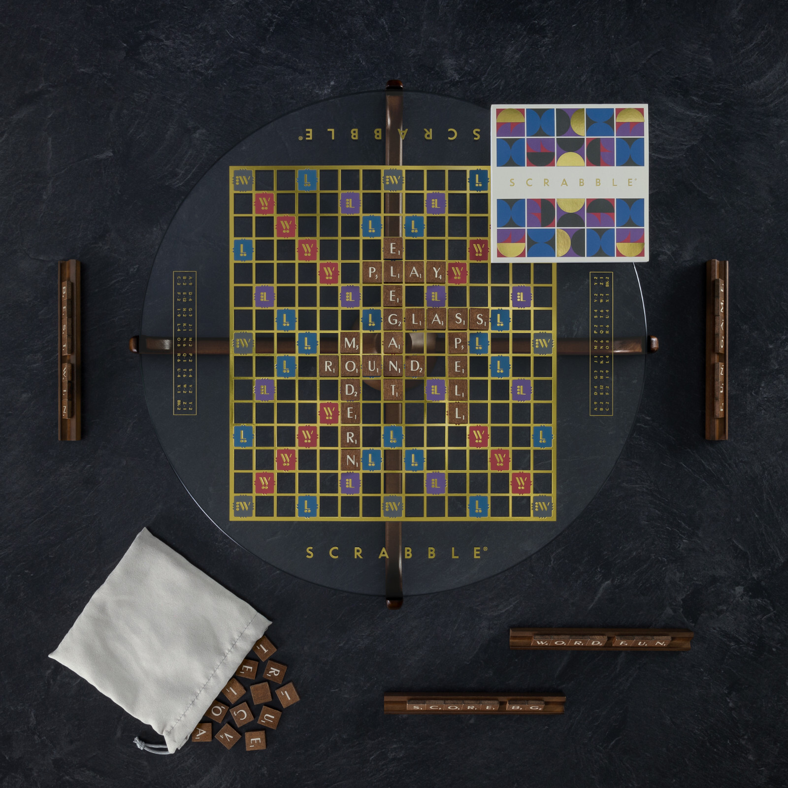 WS Game Company SCRABBLE Prisma Glass Edition with Rotating Board Lazy Susan New