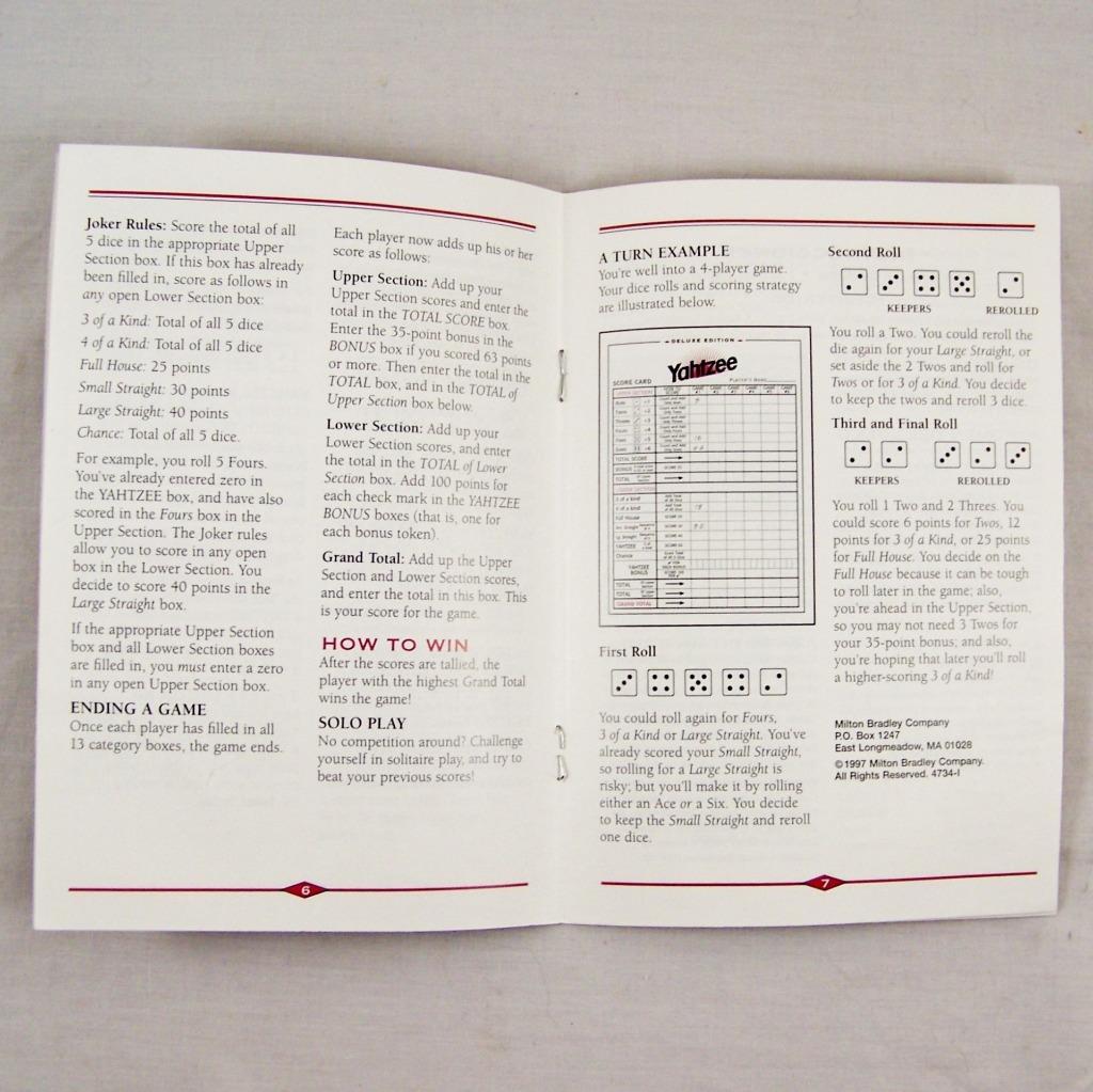 Yahtzee Deluxe Edition Instruction Manual Replacement Part Vtg 1997 MB Dice Game