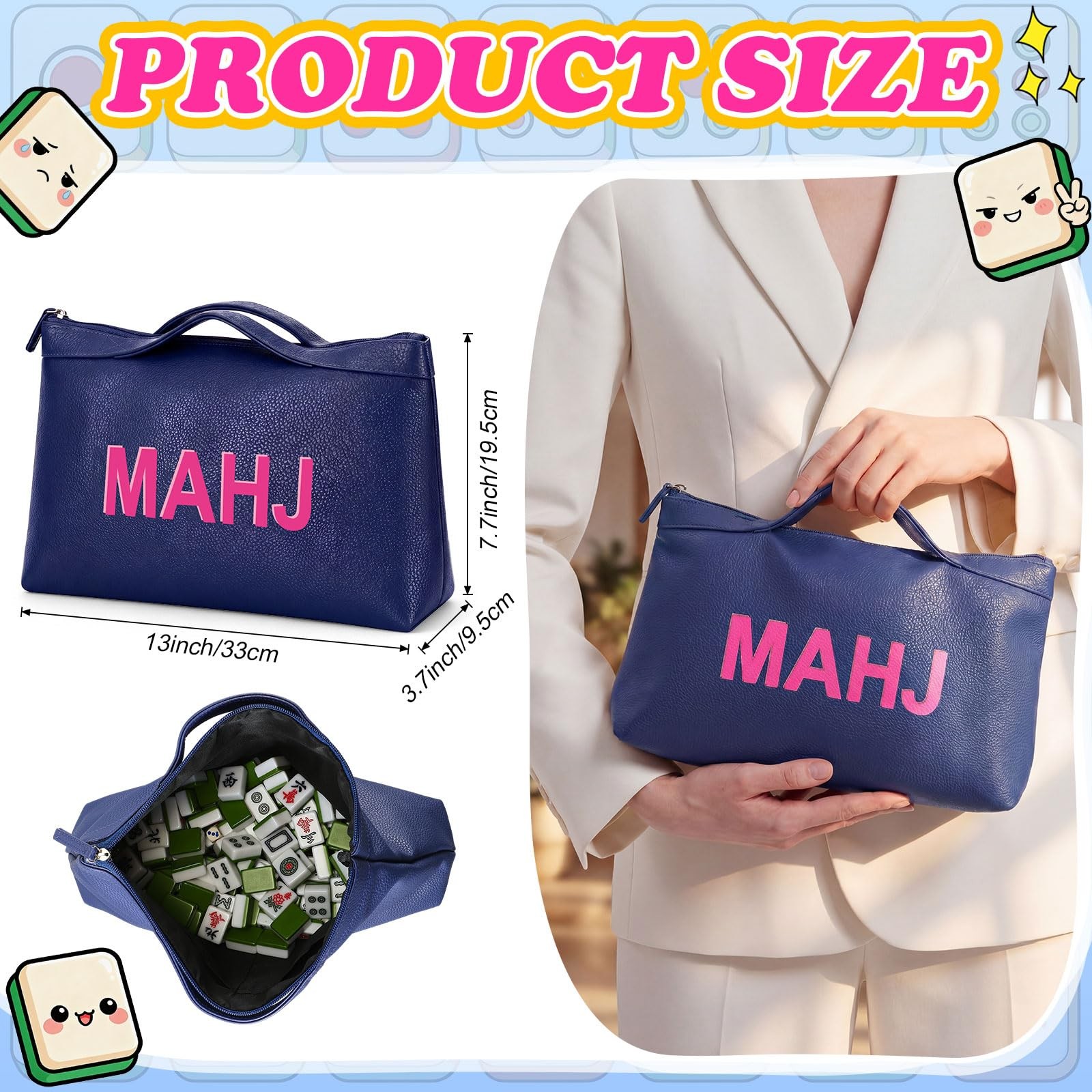 Leather Mahjong Tile Bag with Zipper Handle Lining Mahjong Storage Pouch for …