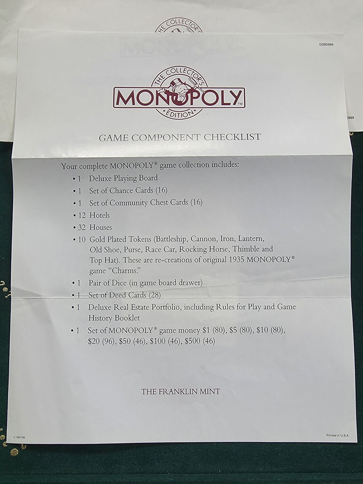 Monopoly Collector’s Edition 1991 Franklin Mint Wooden Luxury Board Game + Xtra!