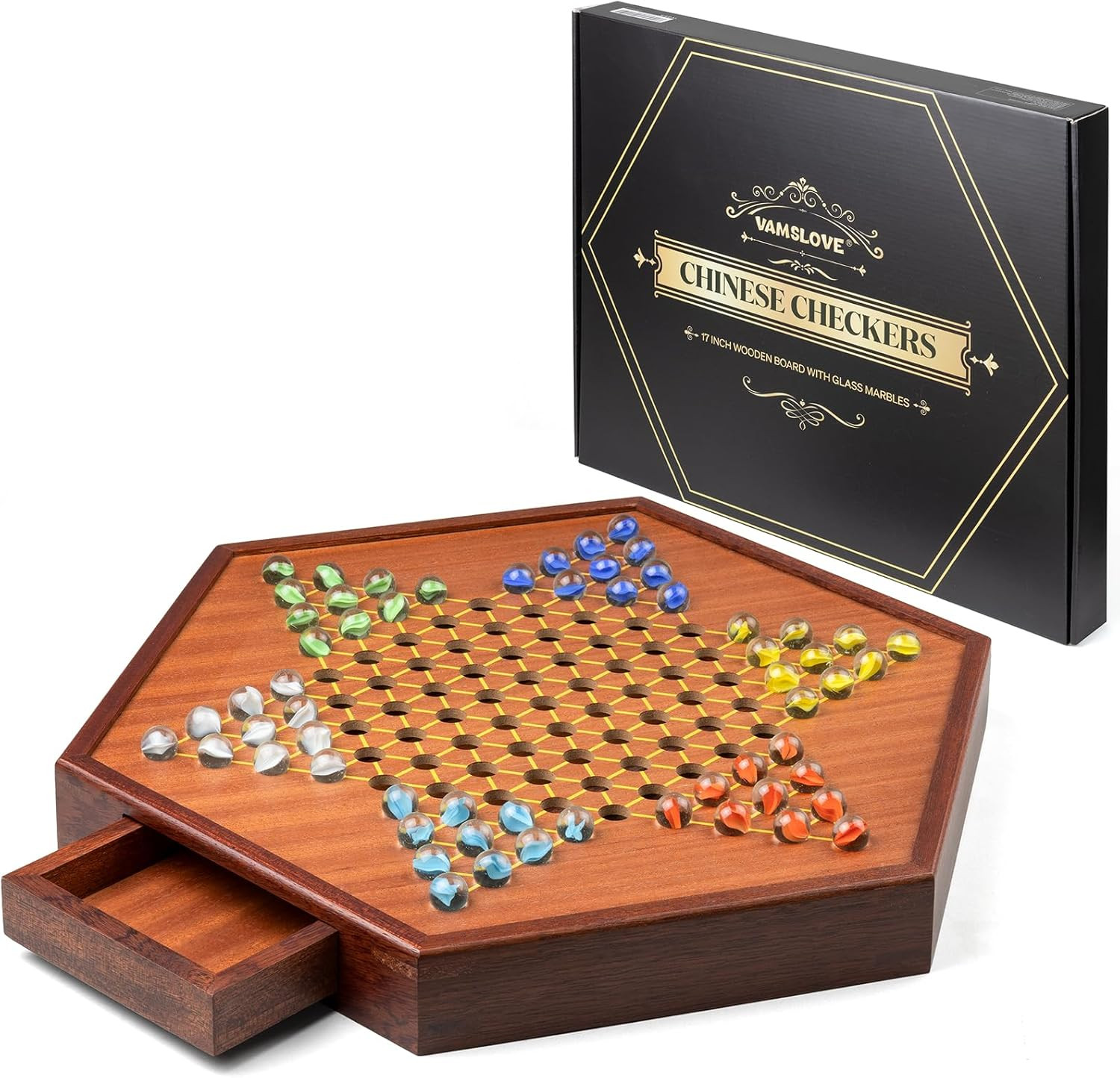 Large 17″ Chinese Checkers Board Game for 2-6 Player Wooden Game Board, 16Mm 60+