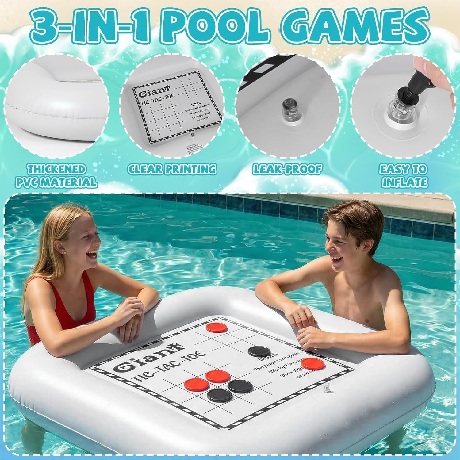 3-In-1 Pool Games Set Inflatable Giant Tic Tac Toe Checkers Board Game with 24 C