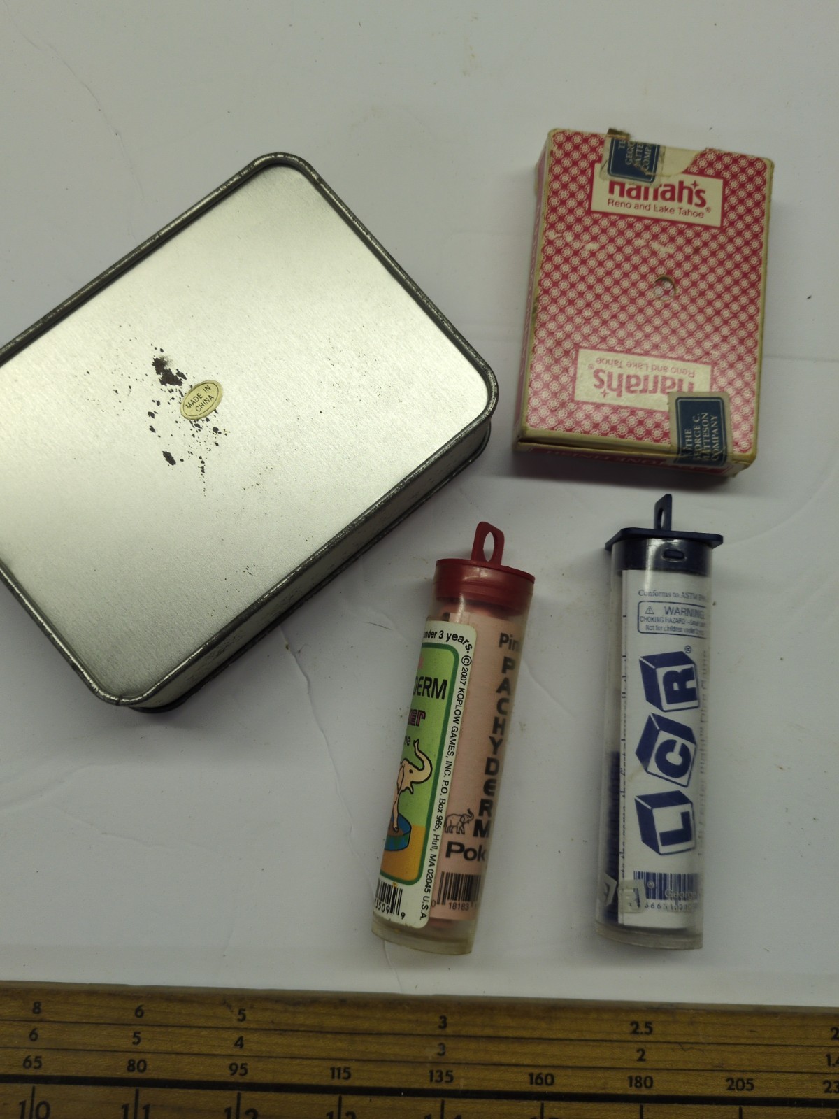 Vintage PhilipMorris Poker Tin w/ Cards, Poker Dice + Pachyderm Poker& LCR Game