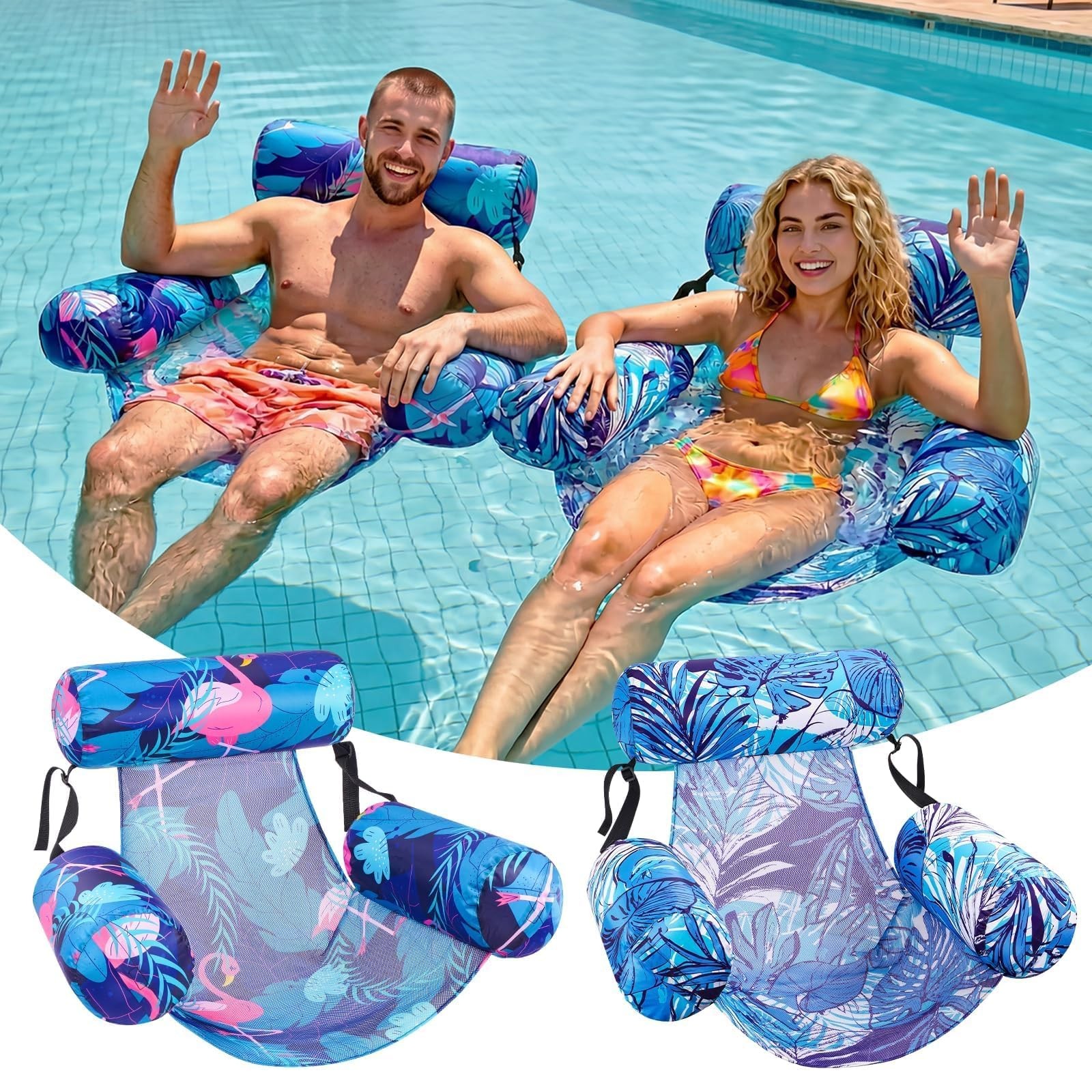 Inflatable Pool Float Chair 2 Pack Heavy Duty Water Lounge Blue Large Floats