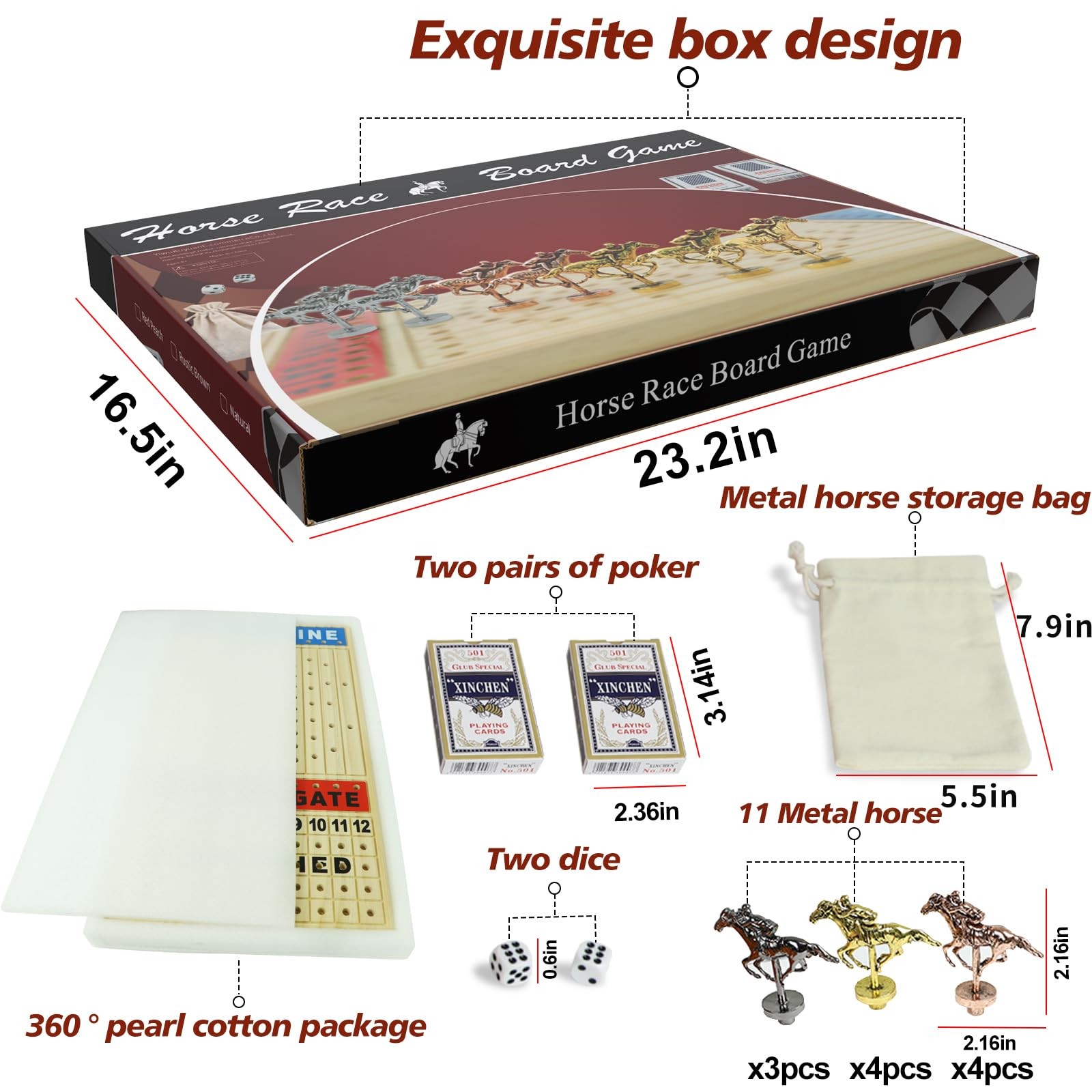 Large 21 inches Horse Racing Board Game with 11 Luxury Metal Horses Thickened Wo