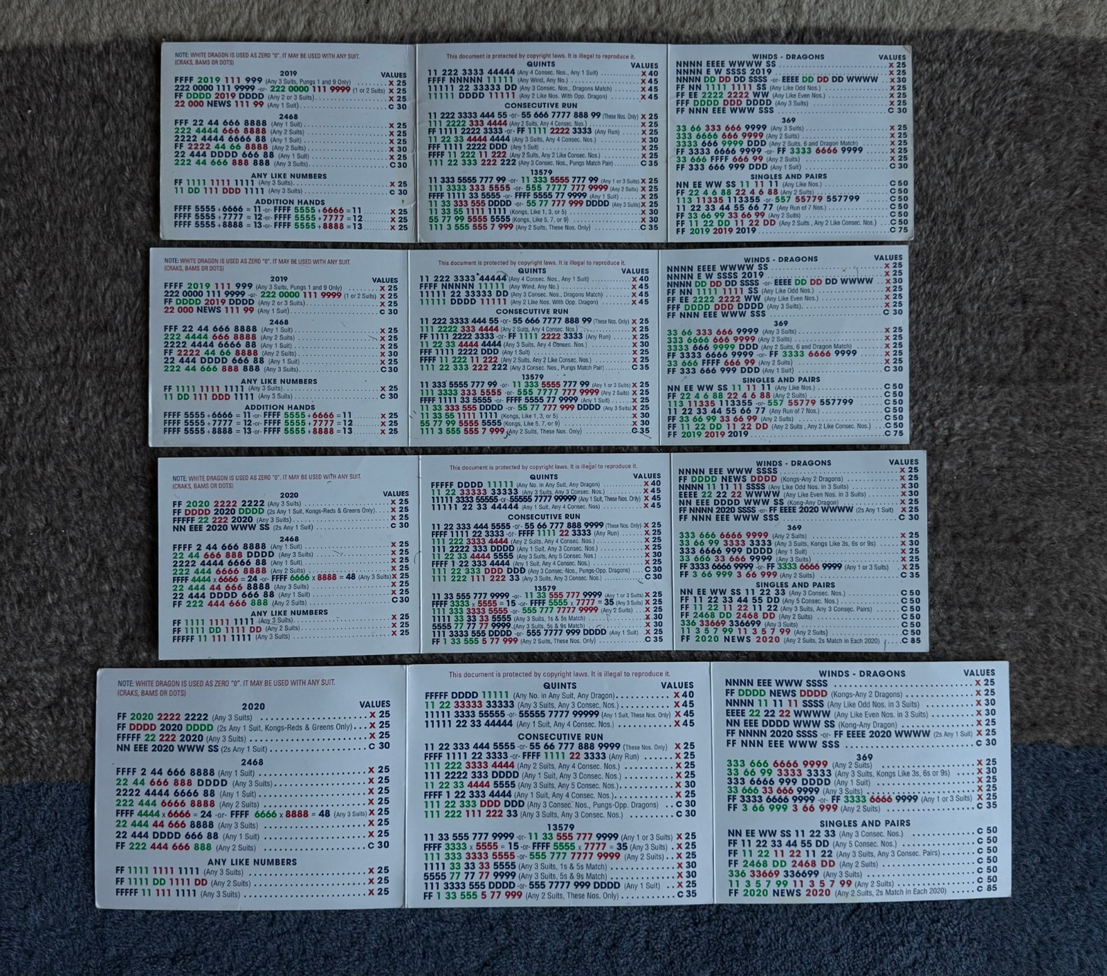 8 National Mah Jongg League Standard Hands And Rules Cards 2019 – 2022 (2 each)