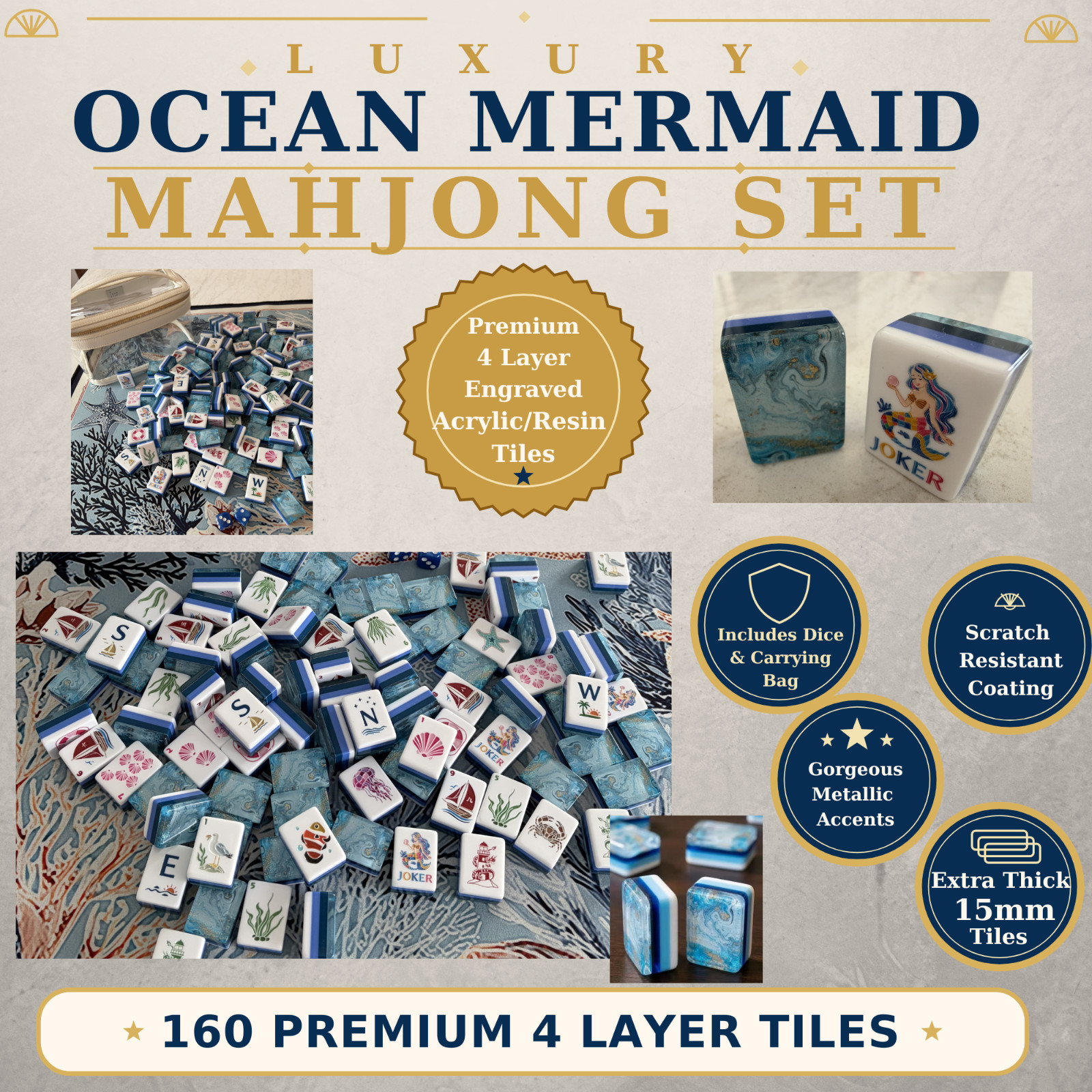NEW Luxury Ocean Mermaid Mahjong Set 160 Acrylic Tiles Carry Bag Dice Premium