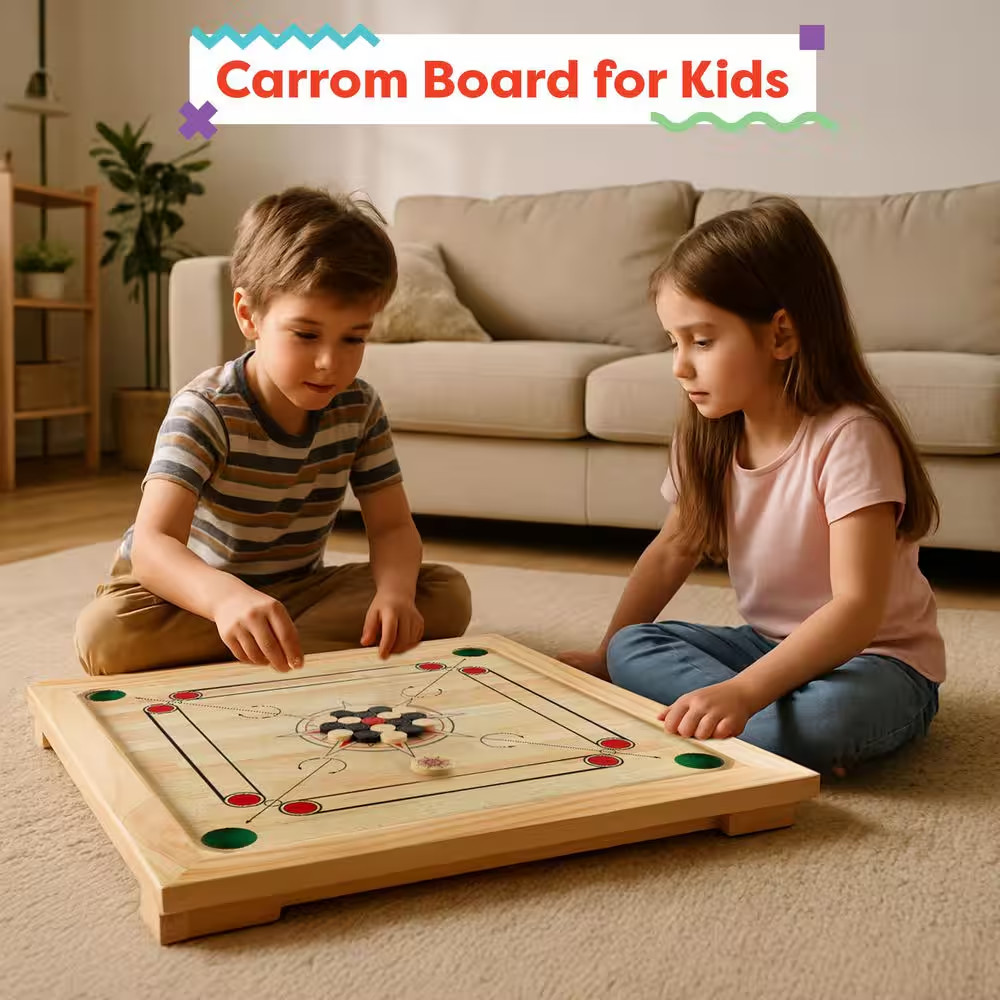 Wooden Carrom Board Game with Cue Sticks