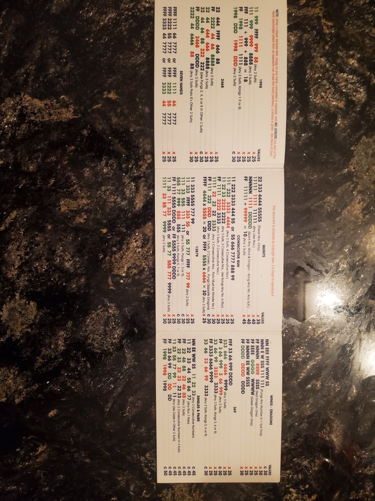 Vtg 1998 NMJL Mah Jongg Small Official Standards Hands & Rules Card, 61st Yr