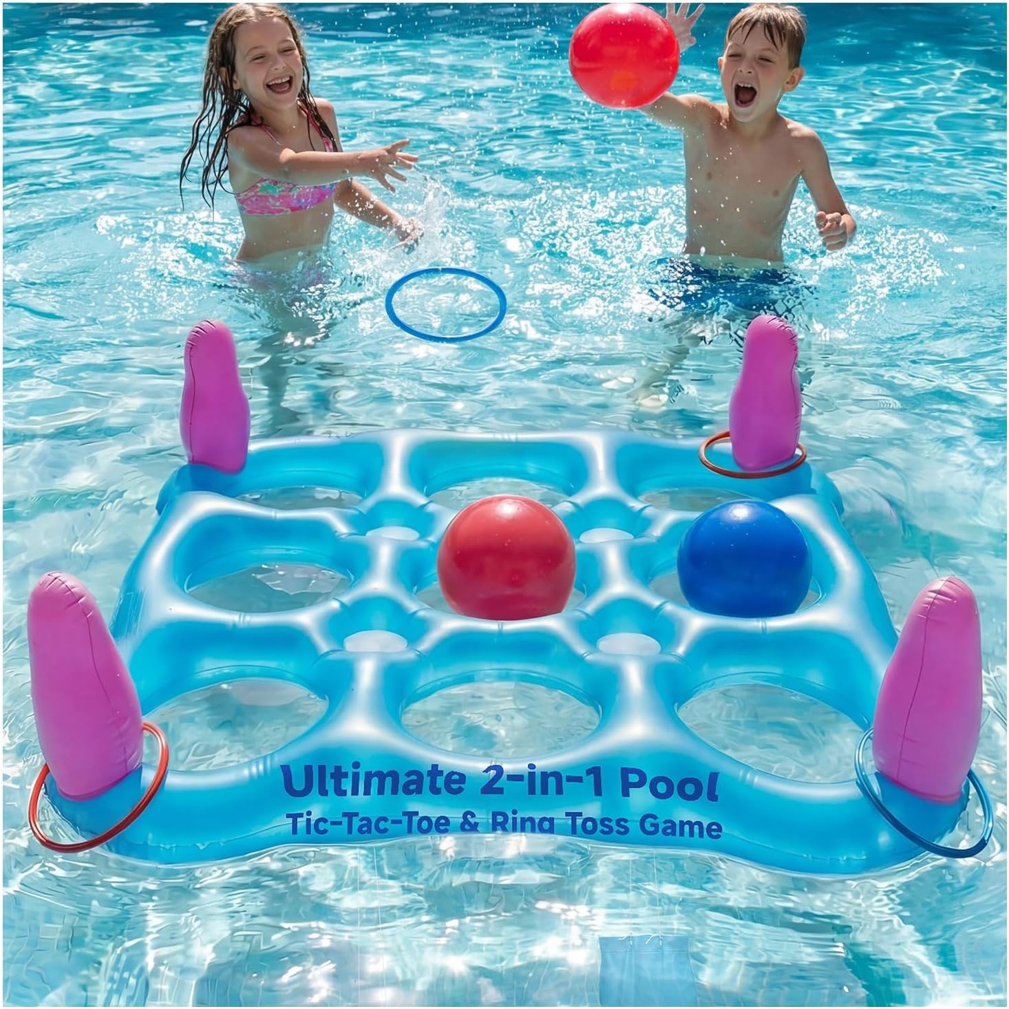 2-in-1 Premium Funny Inflatable Pool Game Modern Frosted Clear Tic-Tac-Toe & Rin