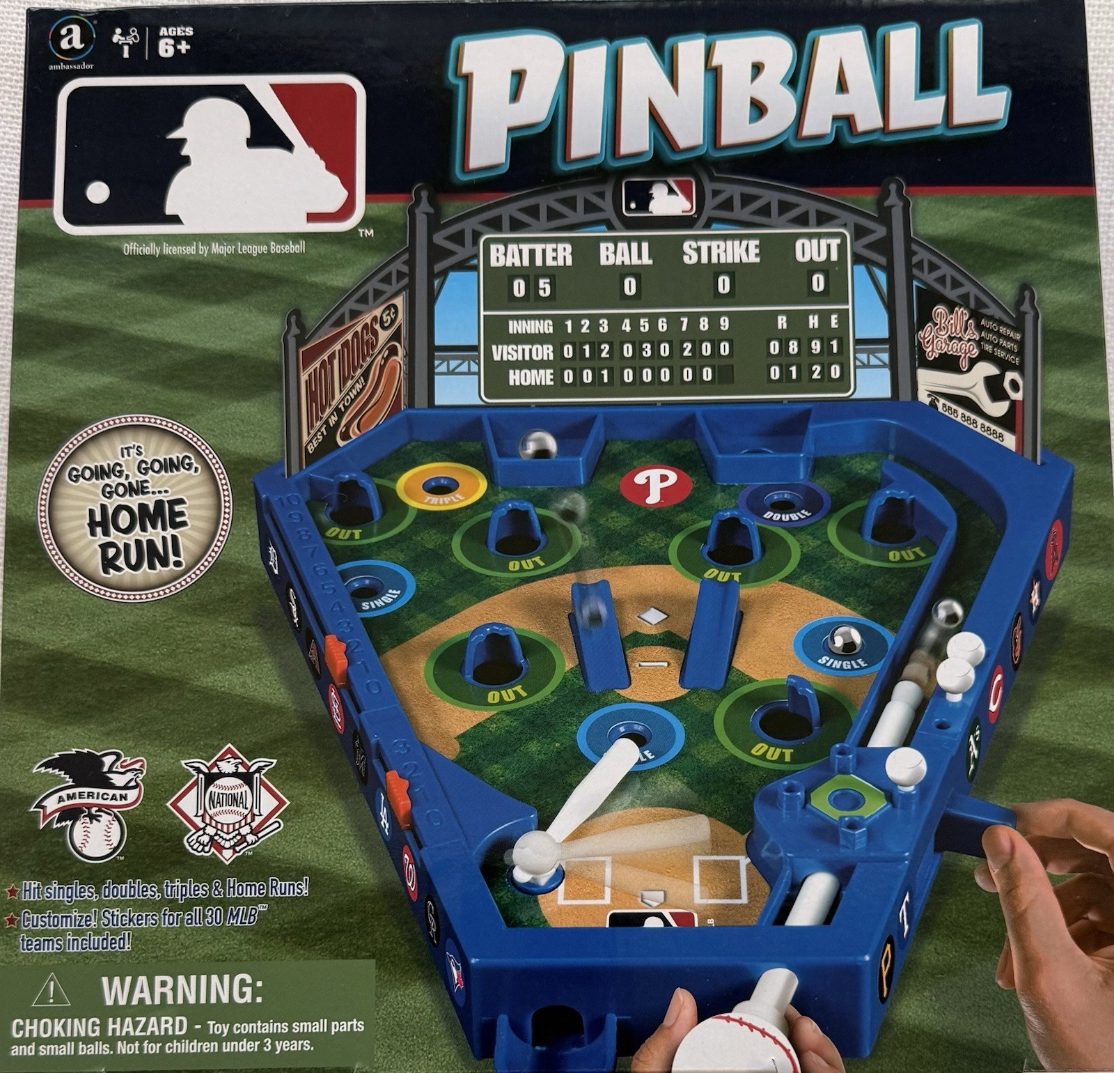 Ambassador Pinball Baseball Board Game MLB Licensed, Ages 6+, 2 Players MLB808