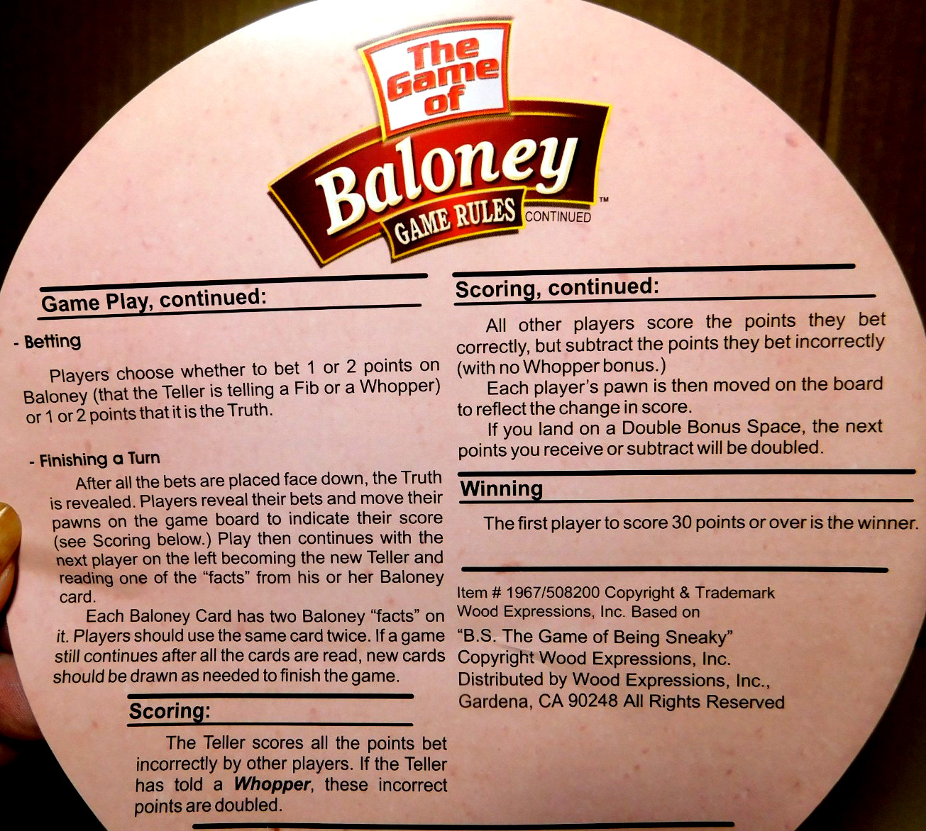 Wood Expressions, Inc.~The Game of Baloney Fibbing Fun For The Whole Family NEW!