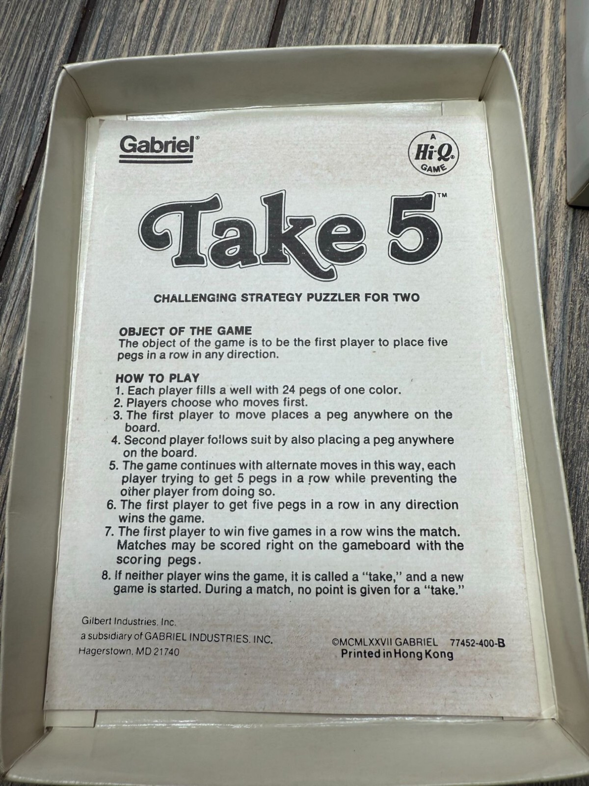 Vintage Gabriel Take 5 Hi-Q Game Challenging Strategy Puzzler For Two Players