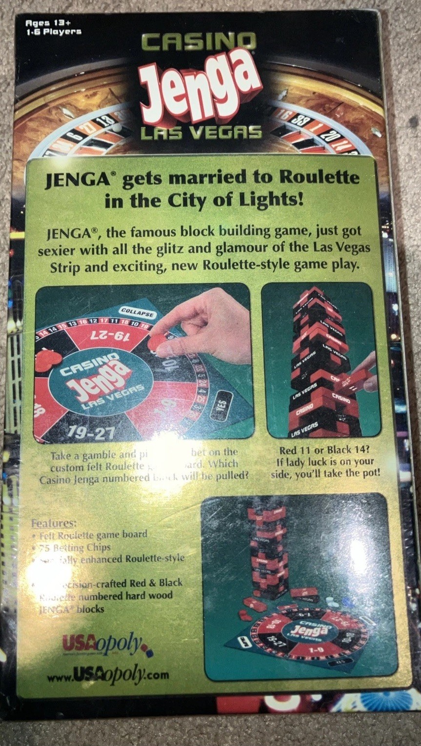 Jenga Casino Las Vegas Game with Betting Chips + Felt Roulette Board NIP Sealed