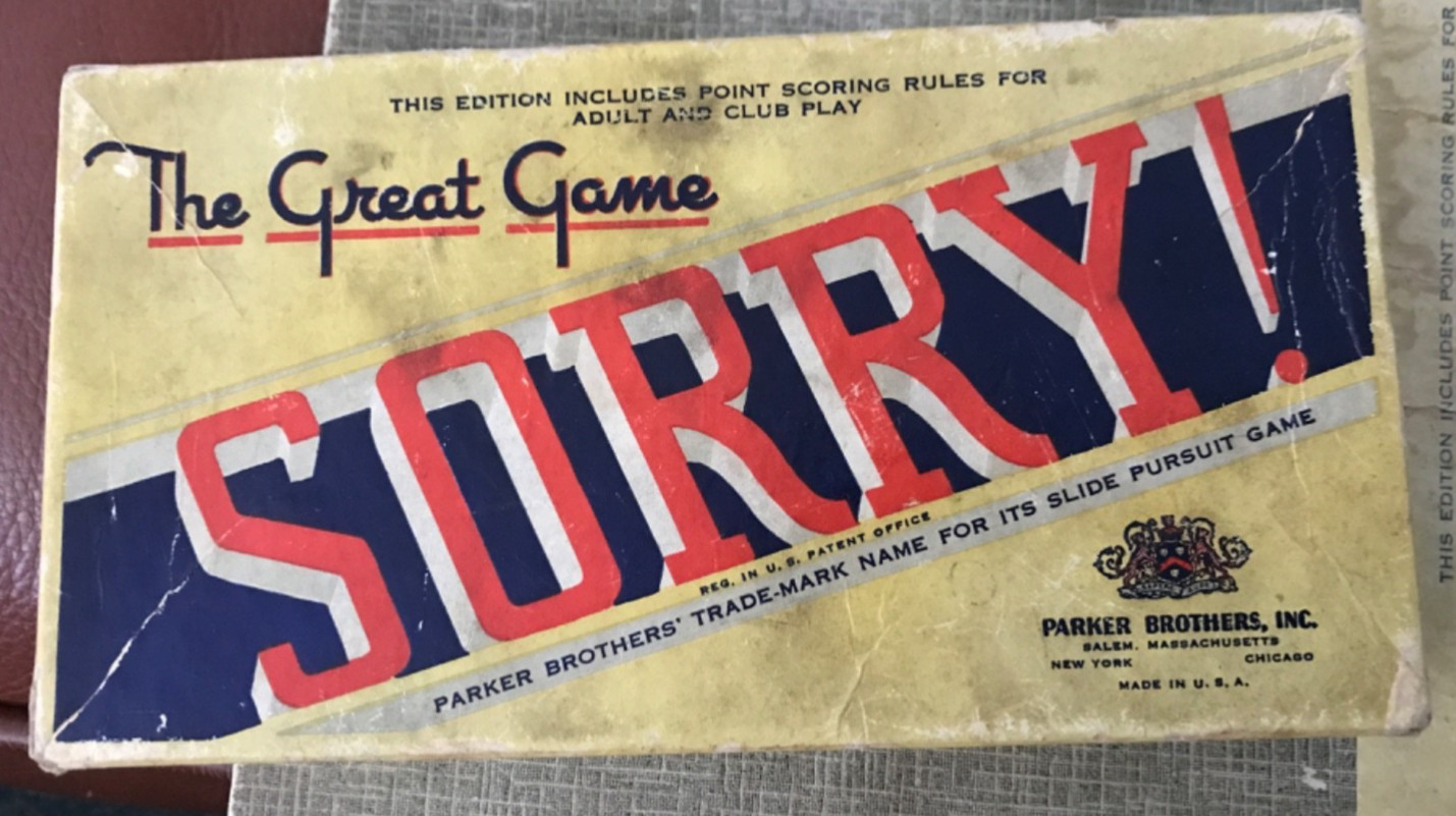 1950 Vintage SORRY Board Game Cards Wooden Pegs instructions 1 blue peg missing
