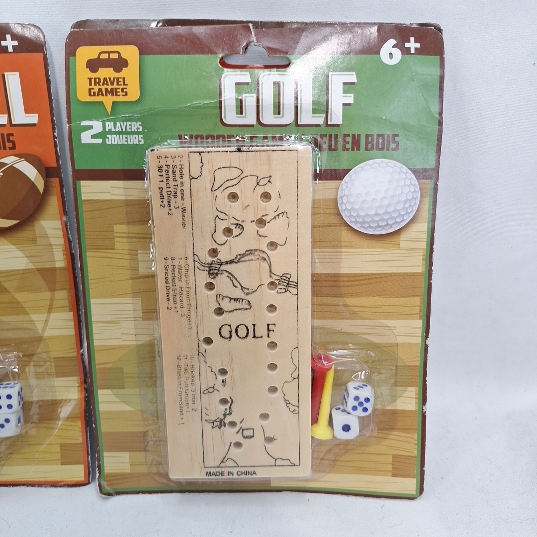 3 New Wooden Travel Games Football – Golf – Basketball 2 Players Wooden Peg Dice