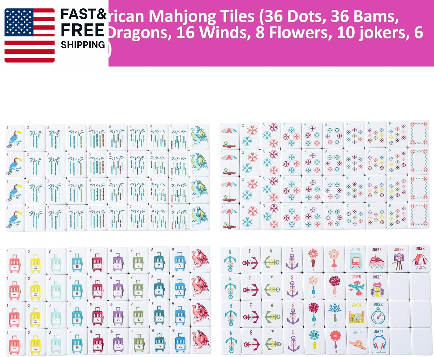 160 Pink Engraved American Mahjong Game Set with Carrying Bag and Accessor