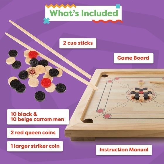 Rockin’ Rollers Carrom Board Game Set 26″ Wooden Board with Coins